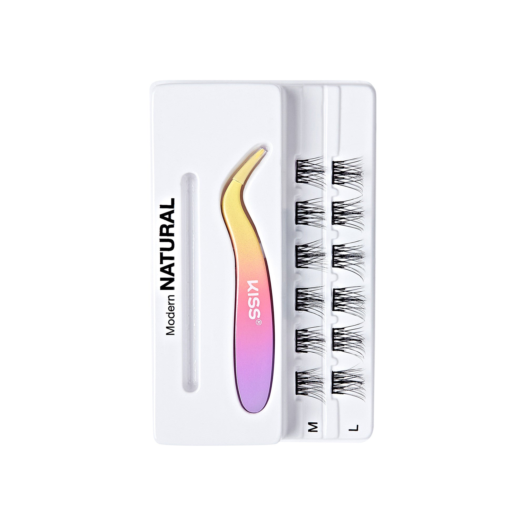 The image shows a set of false eyelashes and an applicator tool. The packaging is predominantly white with the brand name "KISS" visible on the applicator, which has a gradient color ranging from yellow to pink. The set includes three pairs of false eyelashes, labeled "S," "M," and "L," indicating different sizes or styles. The word "NATURAL" is printed vertically on the left side of the packaging, suggesting that these eyelashes are designed to provide a natural look.