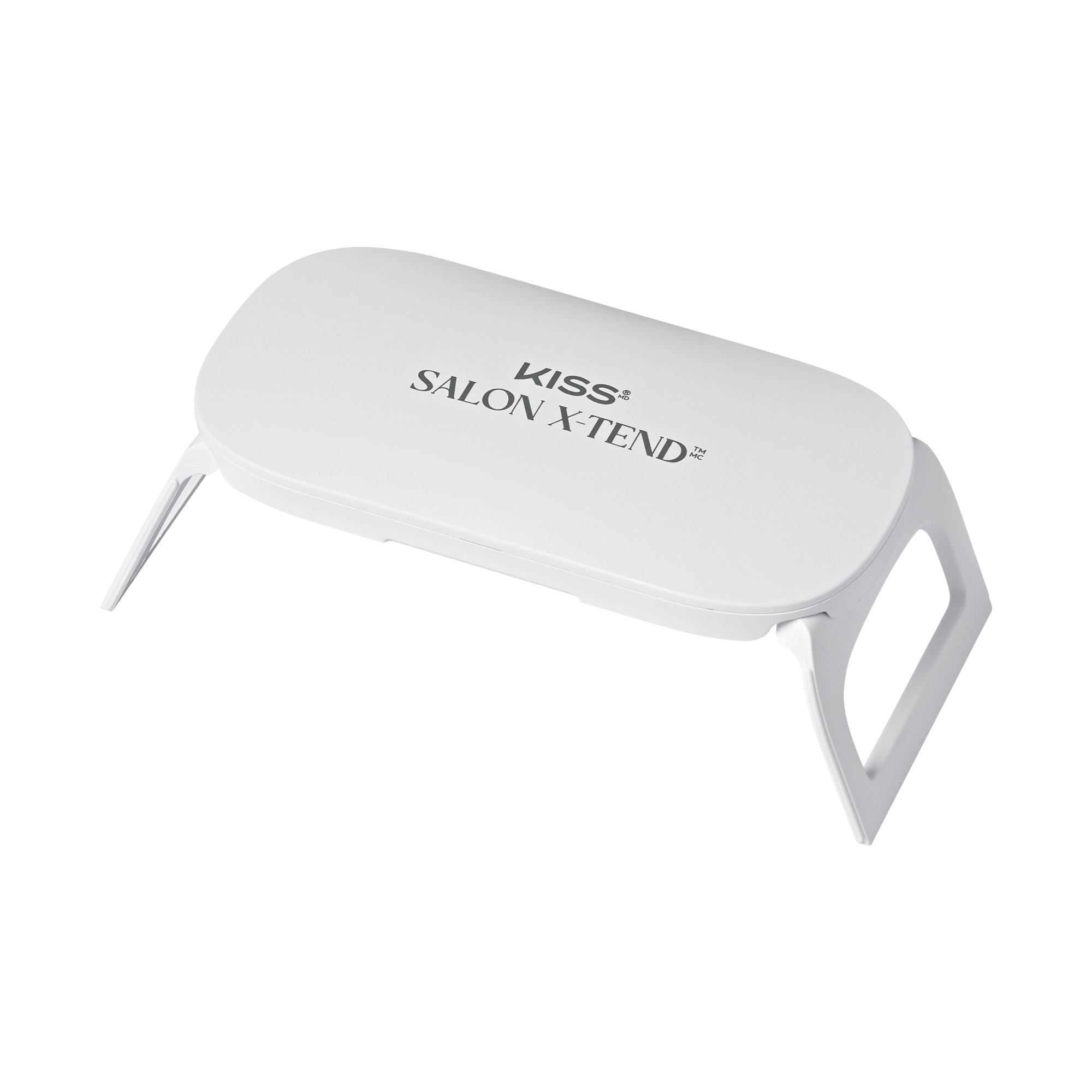 White KISS Salon X-tend Pro LED Lamp with foldable legs, shown from a side angle, featuring the product name printed on top.