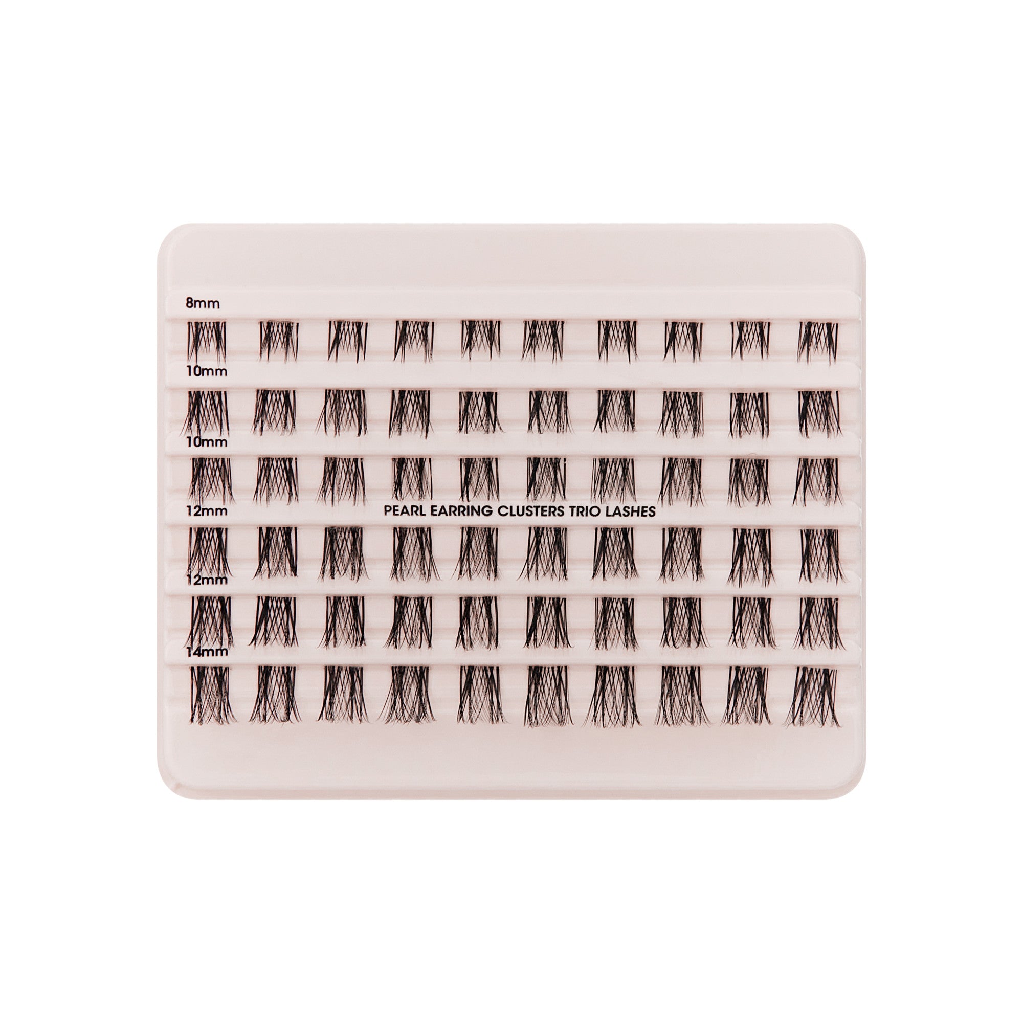The image features a tray of false eyelashes organized in clusters. The lashes are arranged in rows, with varying lengths labeled as 8mm, 10mm, 12mm, and 14mm. Each cluster appears to be designed for easy application, likely intended for enhancing the volume and length of natural eyelashes. The overall presentation is neat and organized, showcasing the different sizes available for use.