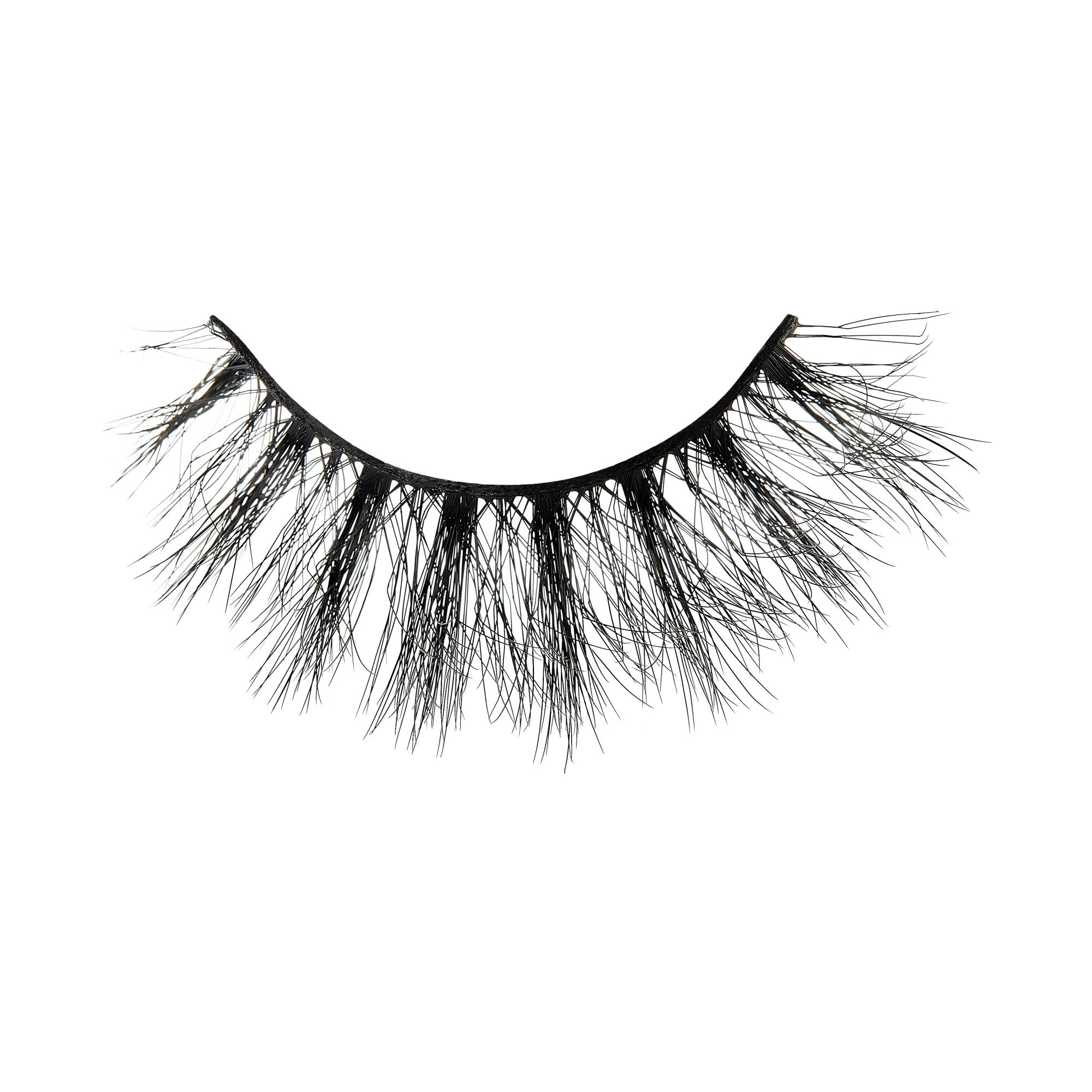 Dramatic black false eyelashes with full, wispy lashes on curved band