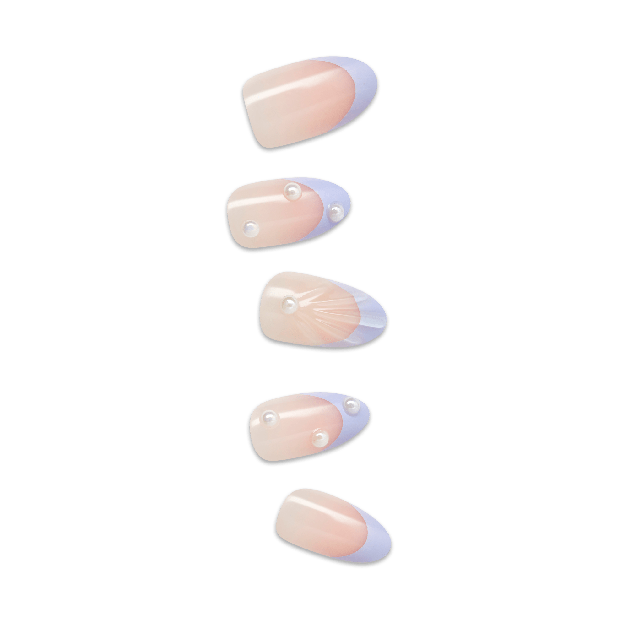 Five nude oval gel nails with pearl embellishments and shell designs.