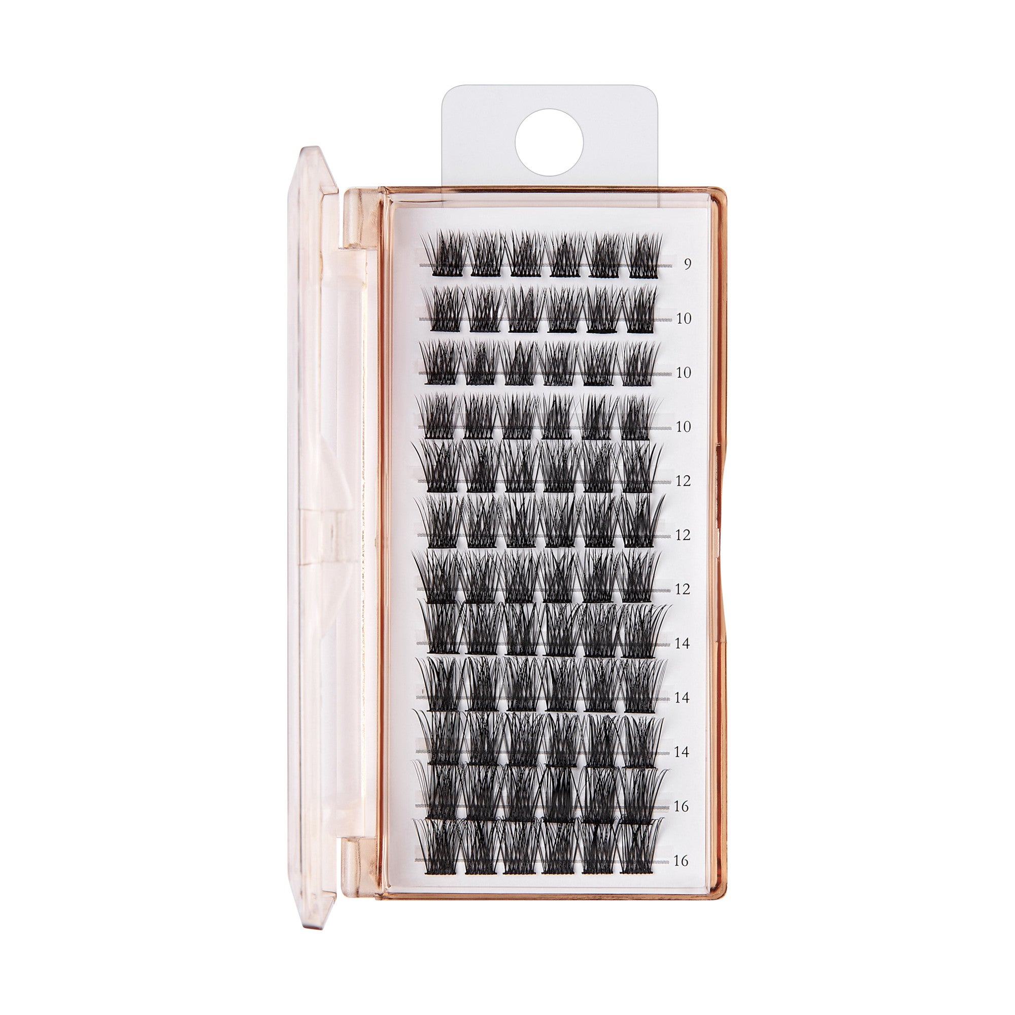 The image features a clear plastic case containing individual false eyelashes arranged in neat rows. The lashes vary in length, labeled from 9 to 16 millimeters. Each row displays a different length, showcasing a gradient effect. The lashes appear to be black and are designed for enhancing the natural look of eyelashes. The case is designed for easy access and organization, making it convenient for use in beauty applications.