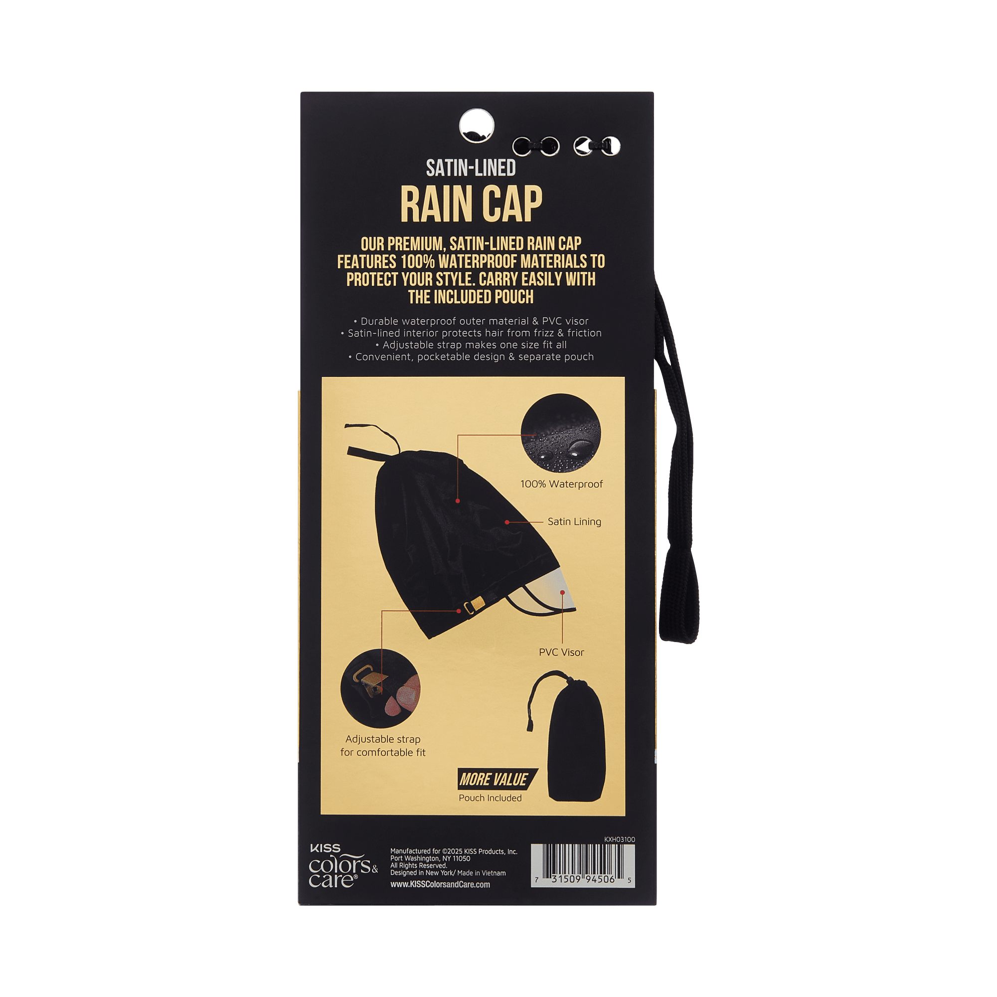 KISS Colors & Care Satin-Lined Premium Rain Cap - Black