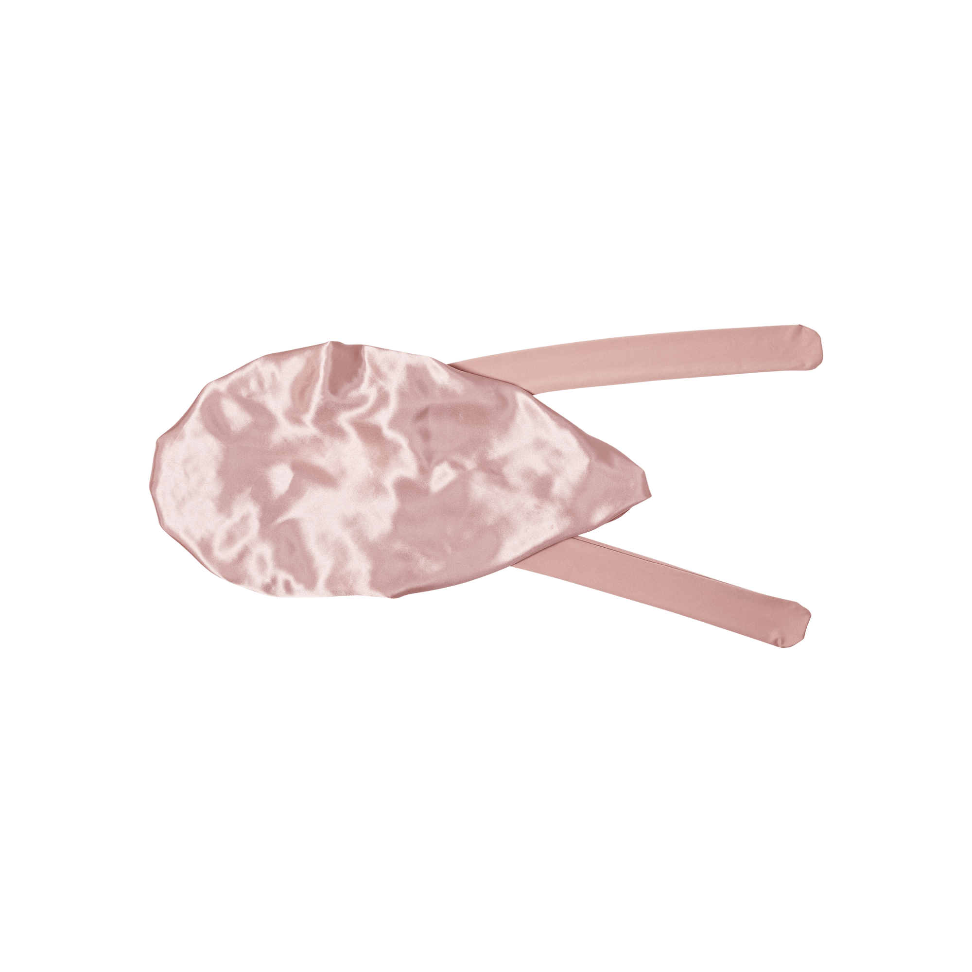 Pink satin eye mask with adjustable ties on white background.