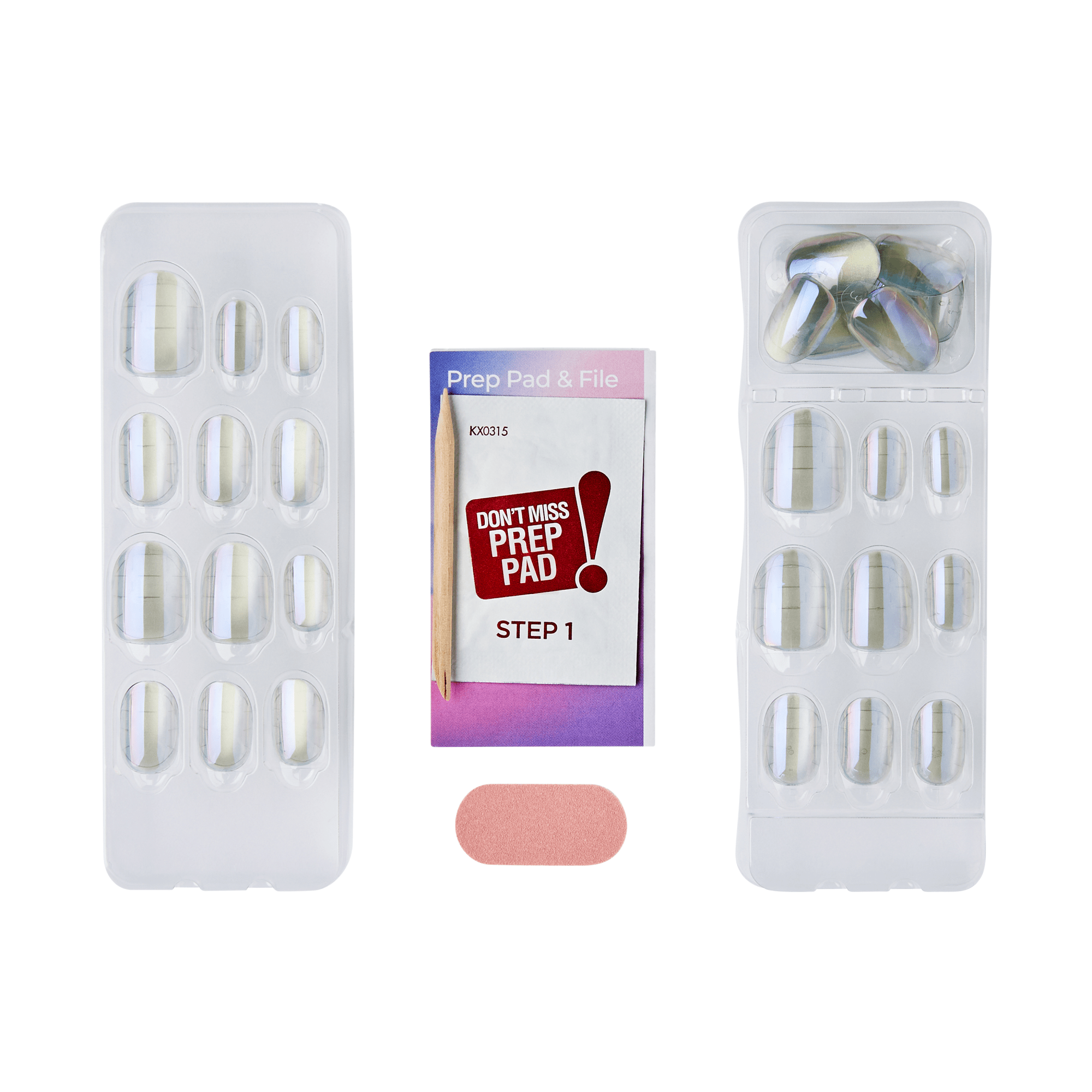 The image features a nail care kit. It includes two transparent plastic cases containing artificial nails in various sizes. In the center, there is a small package labeled "Prep Pad & File," which contains a prep pad and a wooden stick. Additionally, there is a small pink nail file visible at the bottom of the image. The overall arrangement suggests a complete set for applying artificial nails.