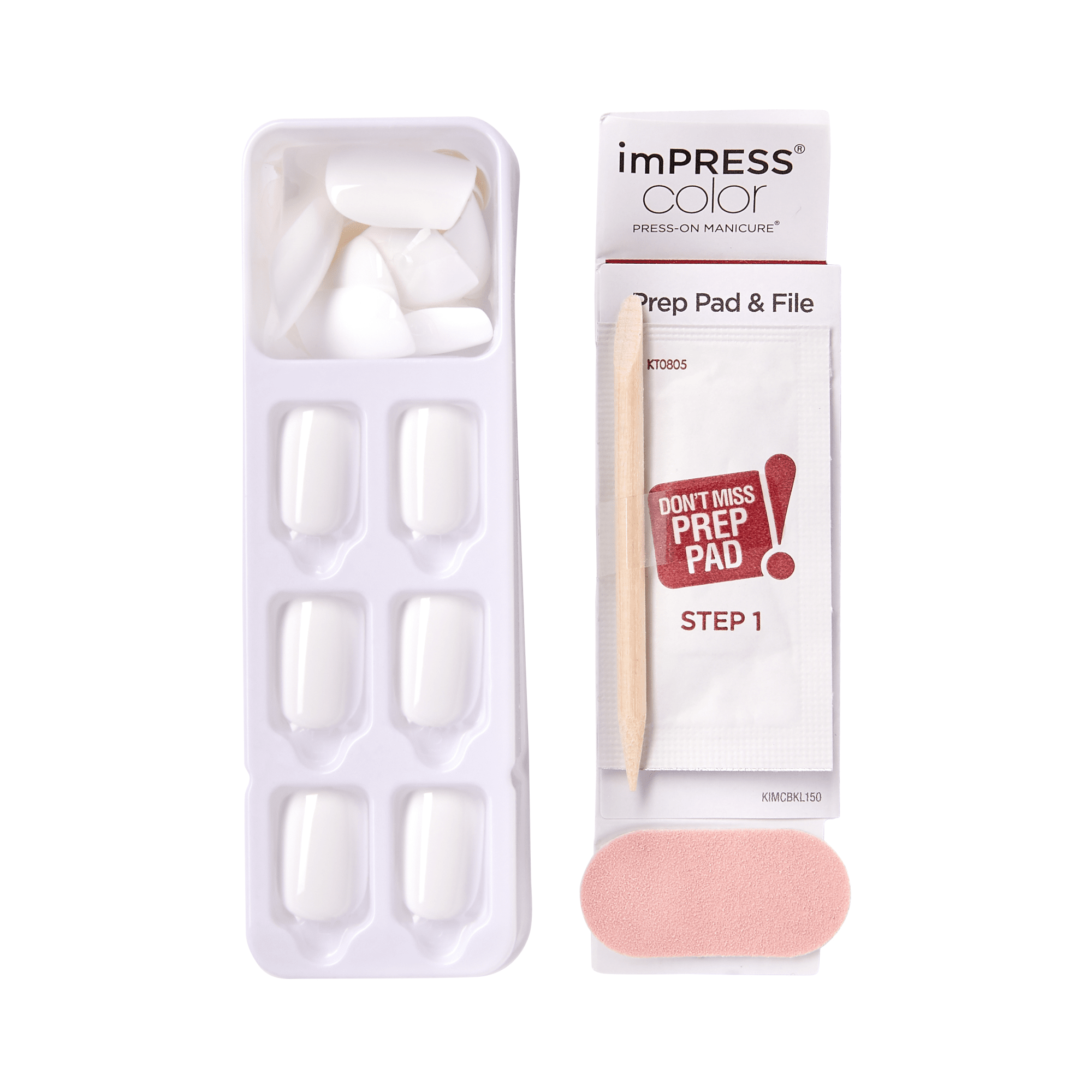 Press-on manicure kit featuring white frosted nails in a tray, alongside a prep pad packet labeled \