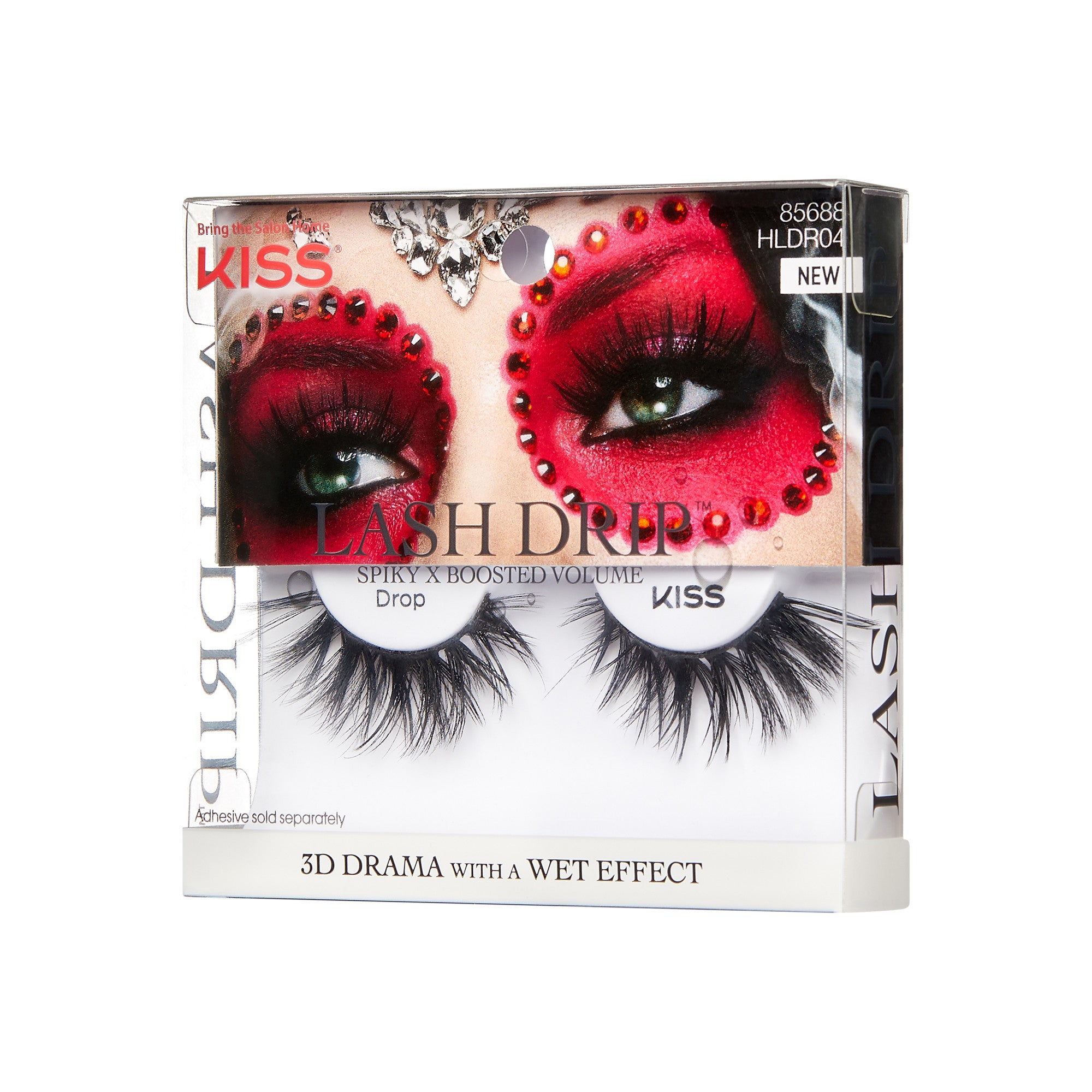 KISS Lash Drip false eyelashes in Drop style with spiky boosted volume packaging.