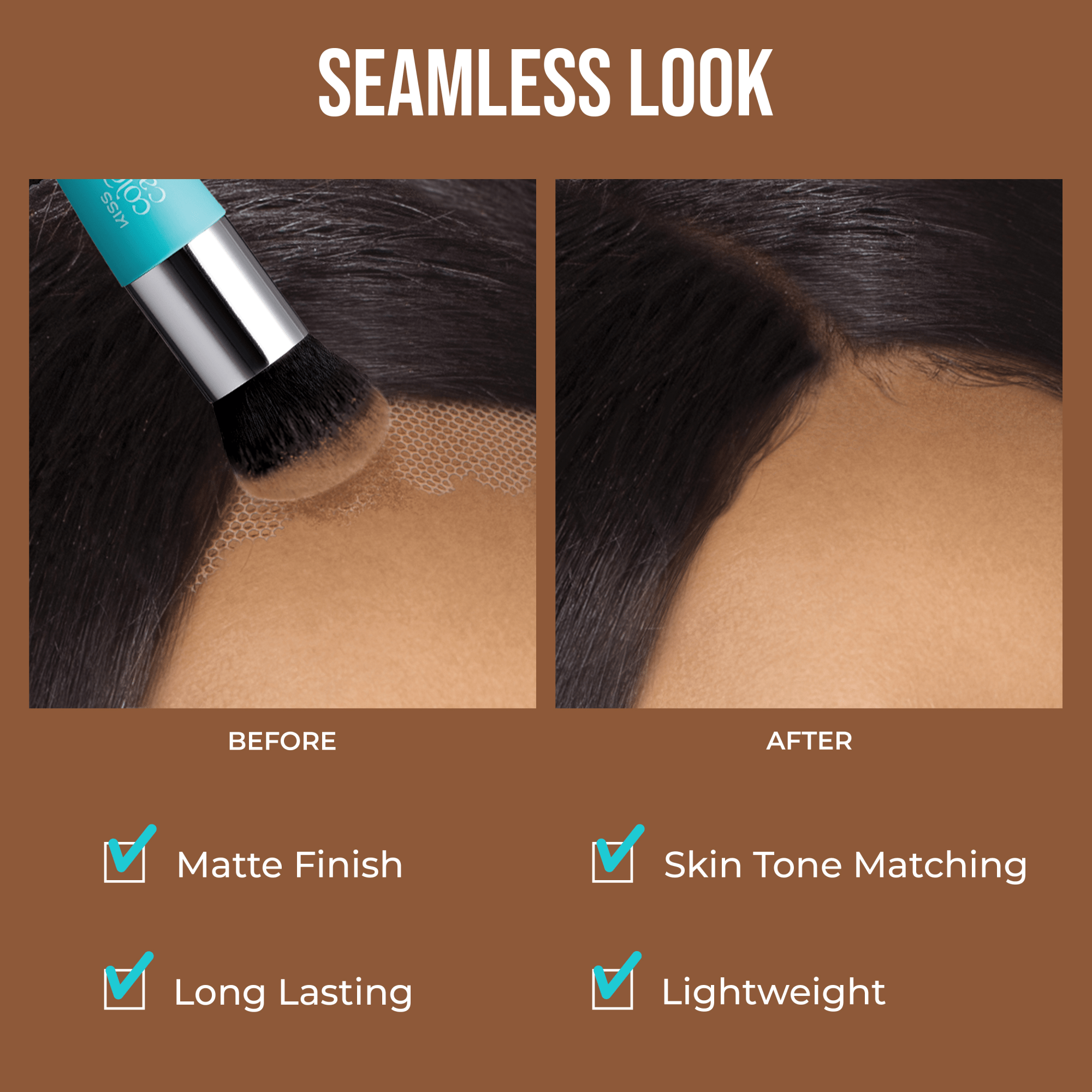 Before and after comparison of hair product application with a brush on a brown background.