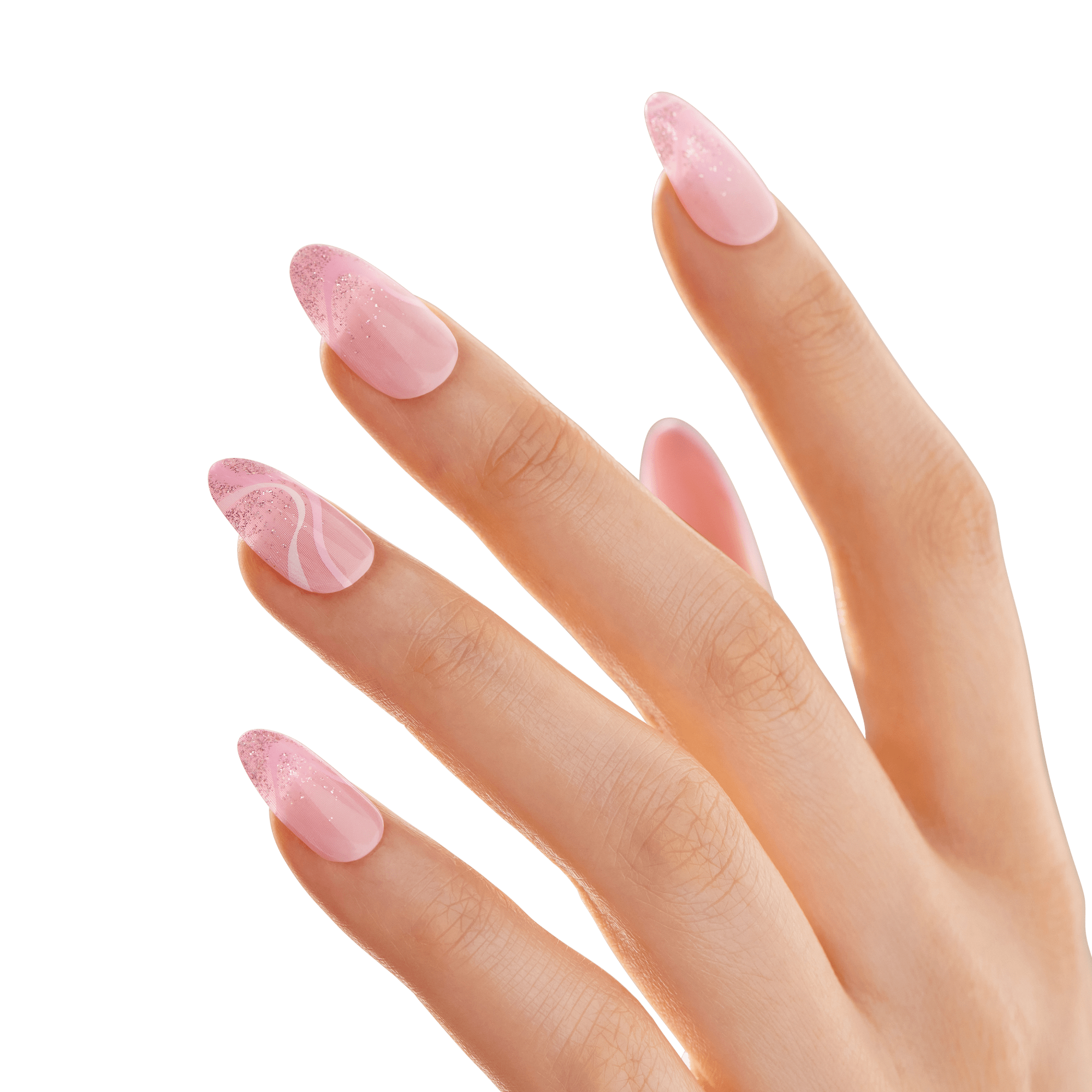 The image shows a close-up of a hand with manicured nails. The nails are long and almond-shaped, featuring a pink color scheme. Each nail has a unique design, incorporating elements such as glitter and abstract patterns. The overall look is elegant and stylish, with a focus on soft pink tones and intricate nail art. The background is blurred, keeping the focus on the nails.