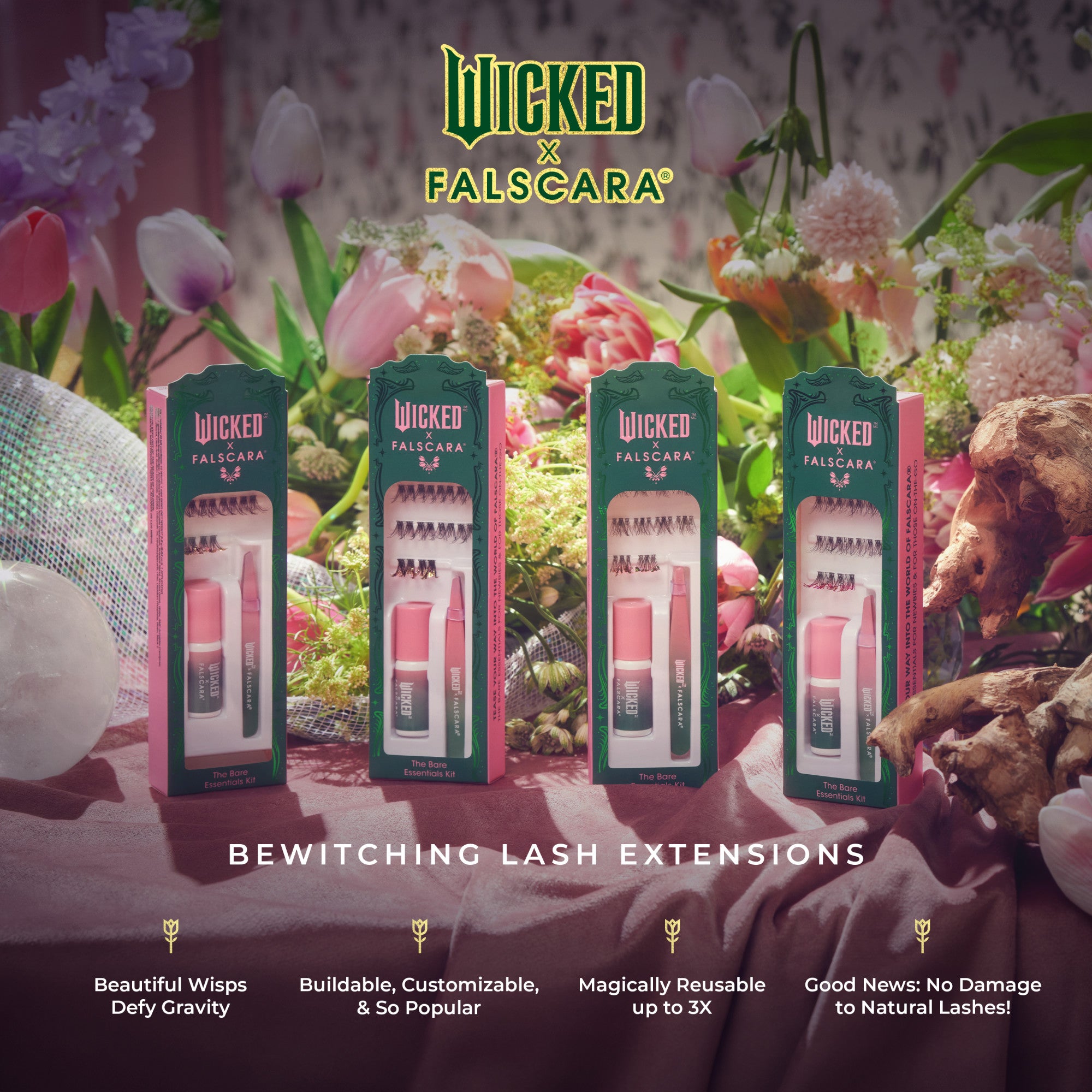 Four Wicked x Falscara lash extension kits with pink and green packaging displayed on a pink cloth, surrounded by flowers, with claims about beauty, customization, reusability, and lash safety.