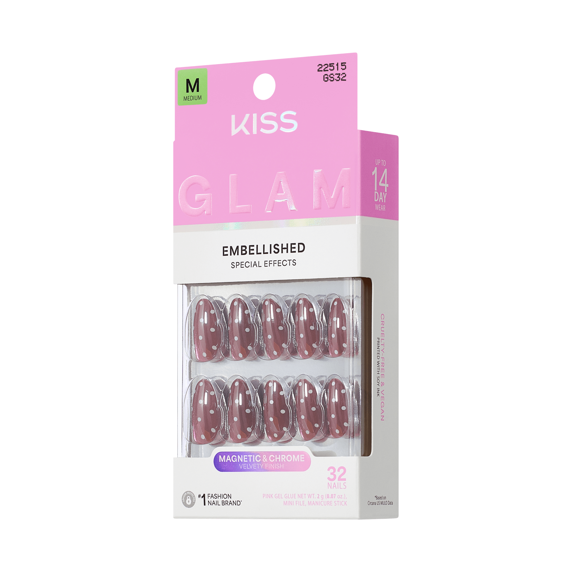 Kiss Glam Embellished Press On Fake Glue Nails - Velvet Noir | 3D & Jewel Design, Pink, Medium, Almond