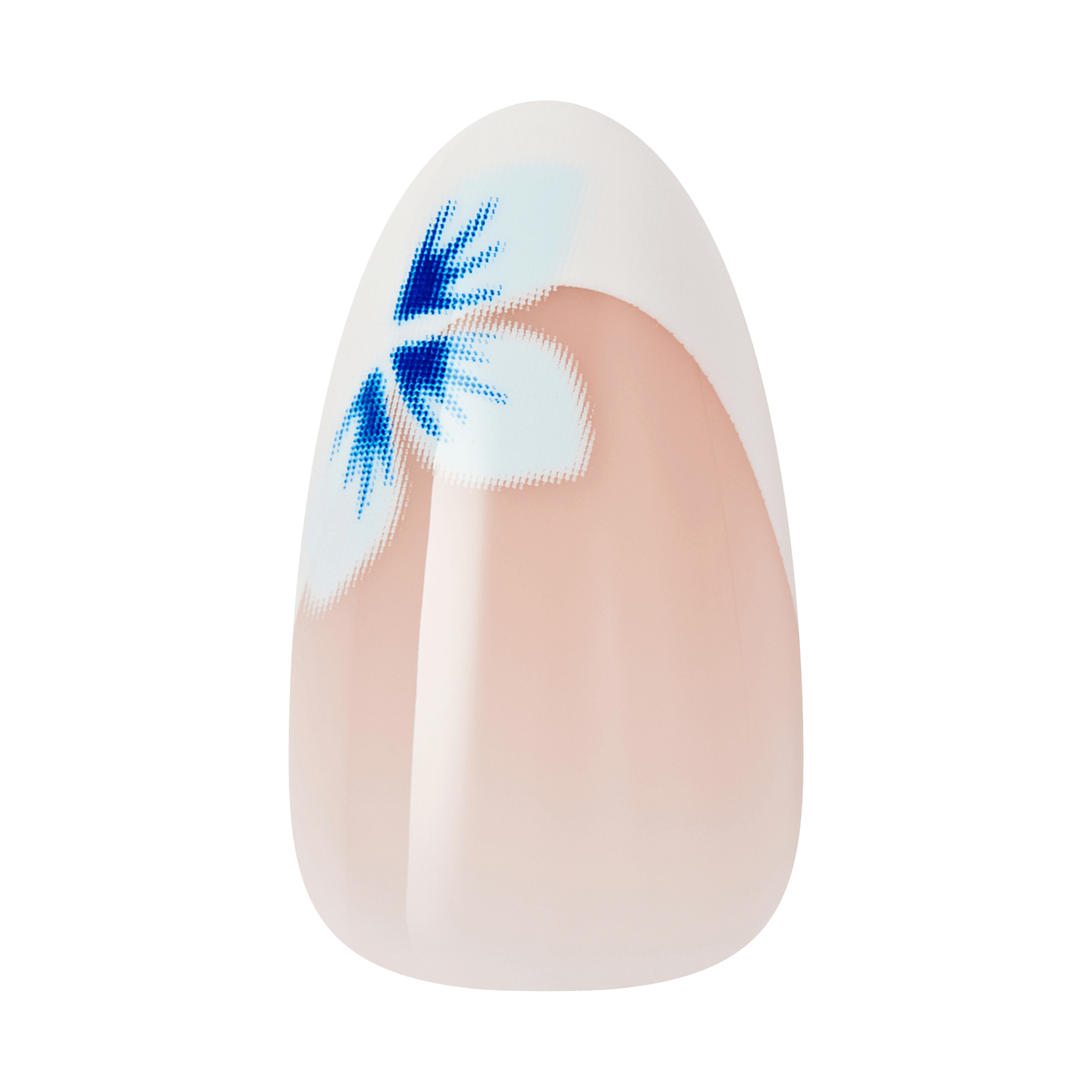 Nail with blue and white floral design on a clear background