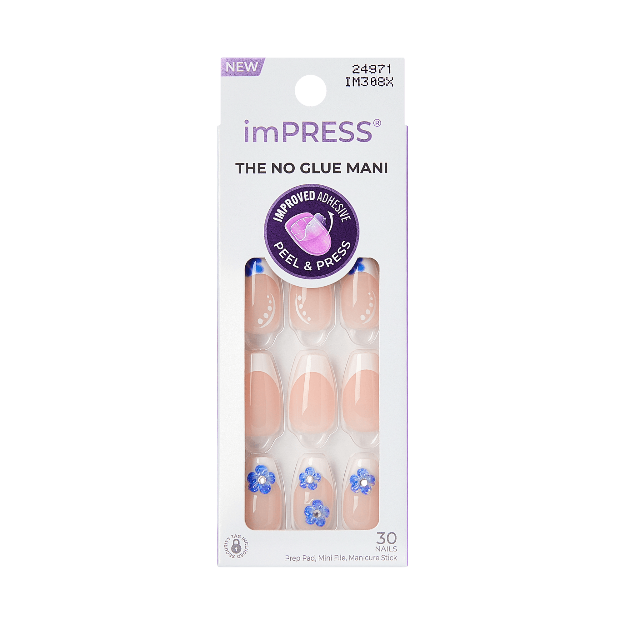 imPRESS The No Glue Mani press-on nails packaging, 30 nails, nude nails with blue floral accents, Peel & Press improved adhesive, transparent background