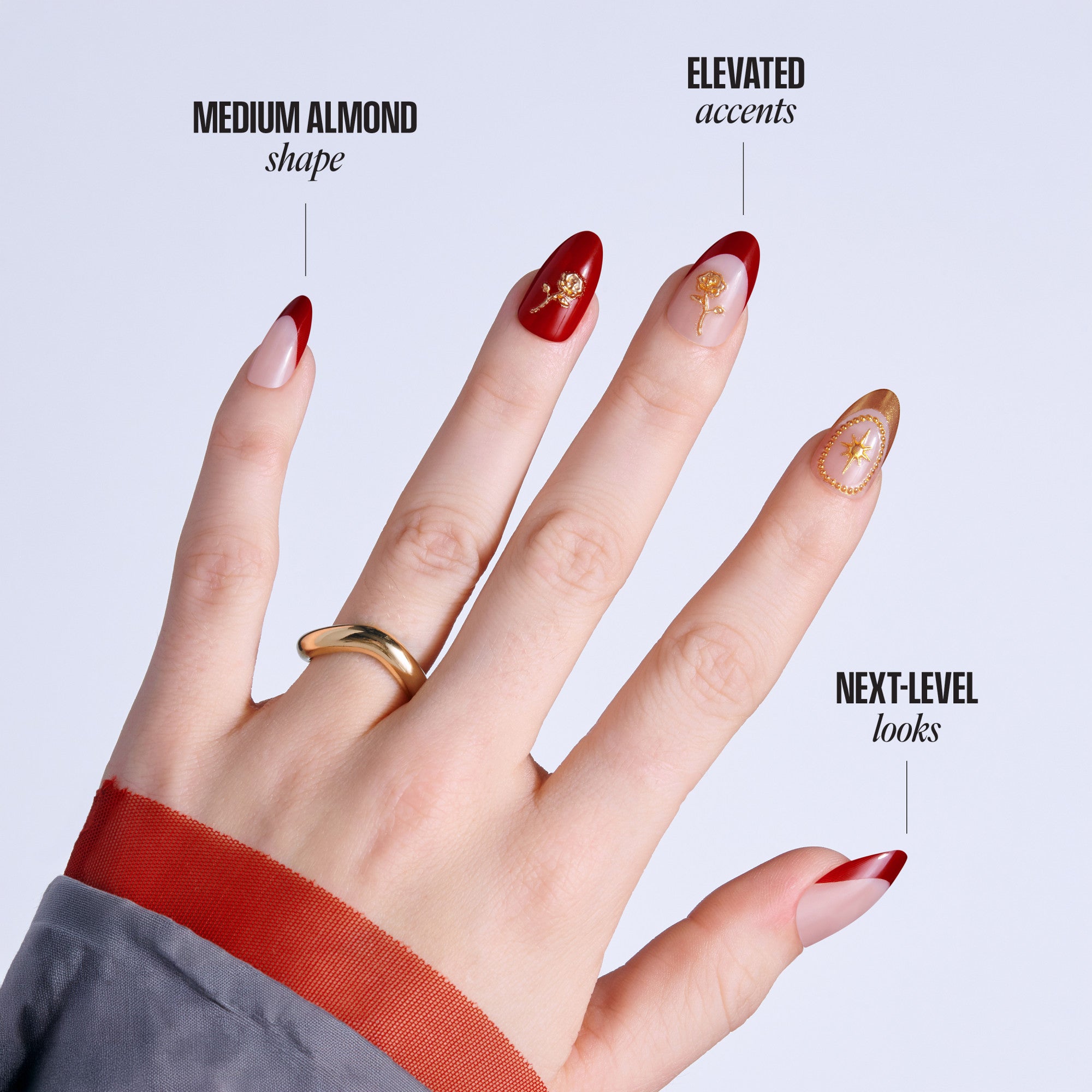 Kiss Glam 3D & Jeweled Press On Fake Glue Nails - Weekend | 3D & Jewel Design, Red, Medium, Almond