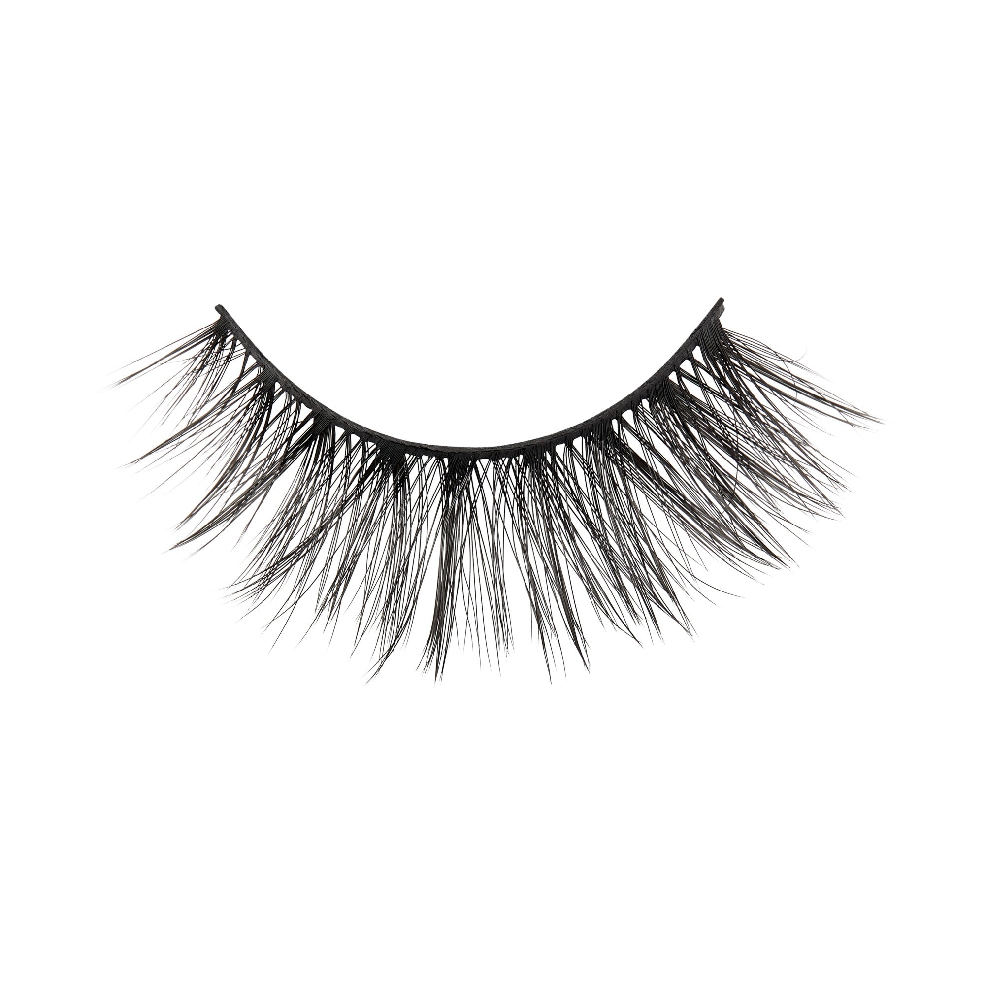 Single black false eyelash strip with crisscross pattern and varying lengths for a natural yet voluminous look, shown on white background.