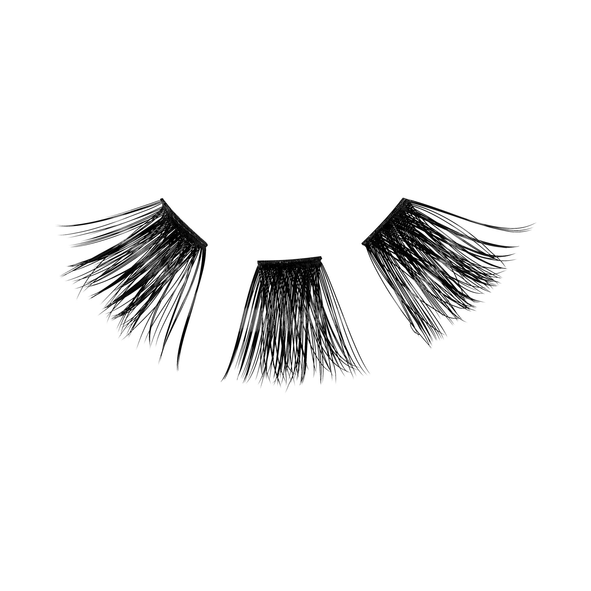 Three black false eyelash wisps with varying lengths arranged on a white background, designed for extra dramatic volume.