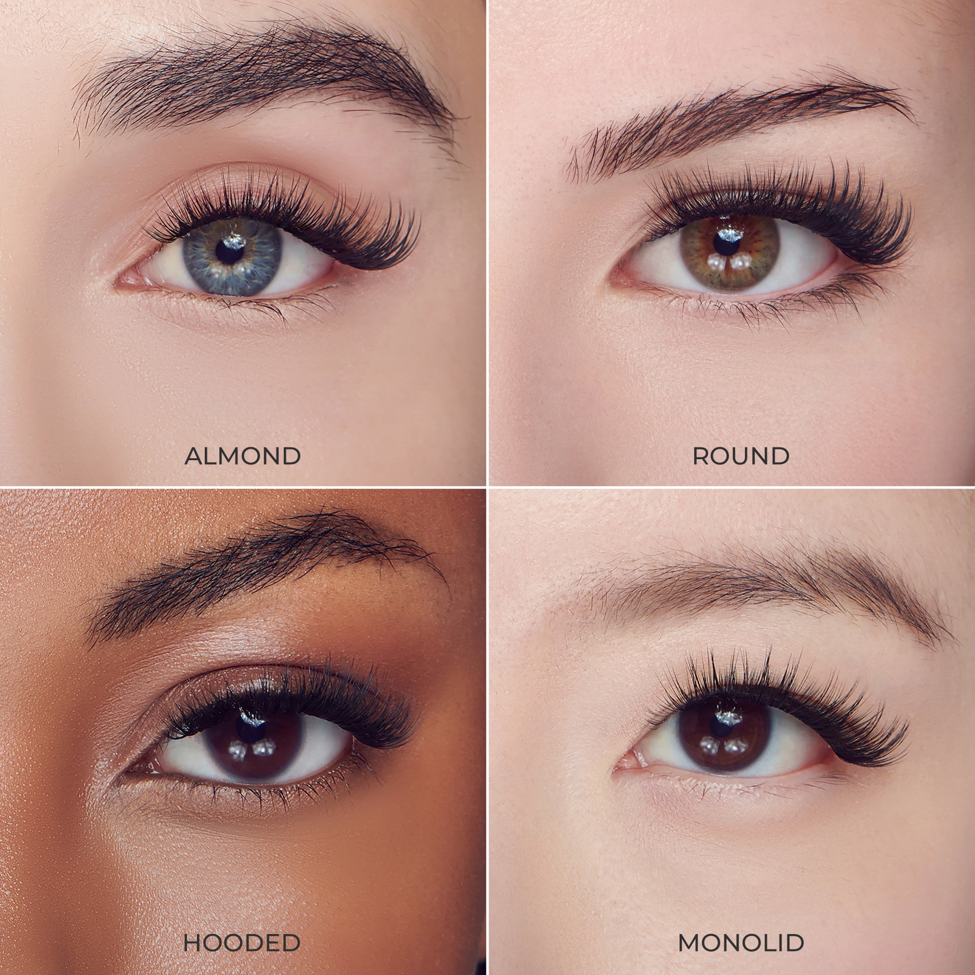 Close-up views of four different eye shapes—almond, round, hooded, and monolid—each wearing glamorous, voluminous self-adhesive false eyelashes.