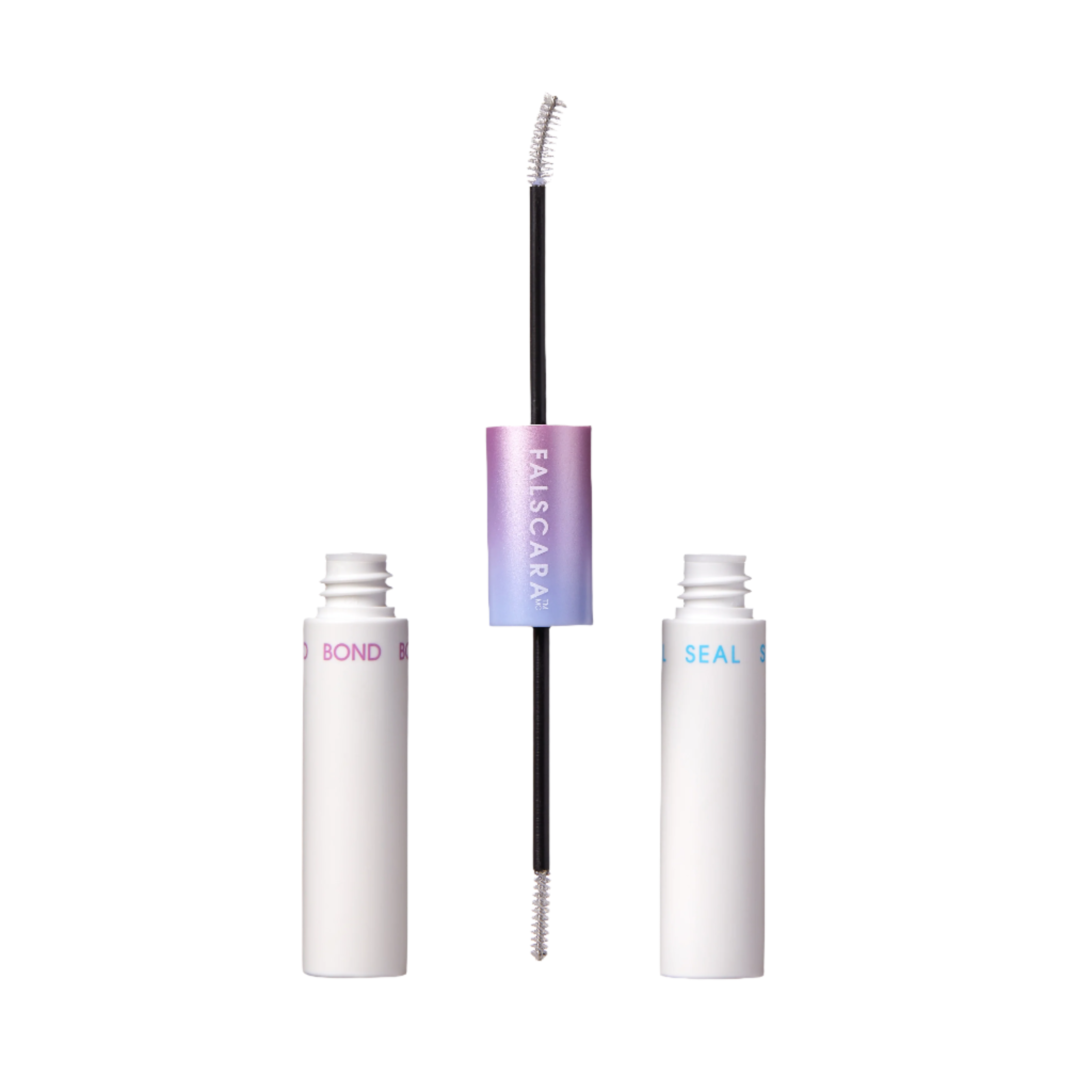 Three white cylindrical tubes of FALSCARA Bond & Seal clear bond product, two open tubes labeled \