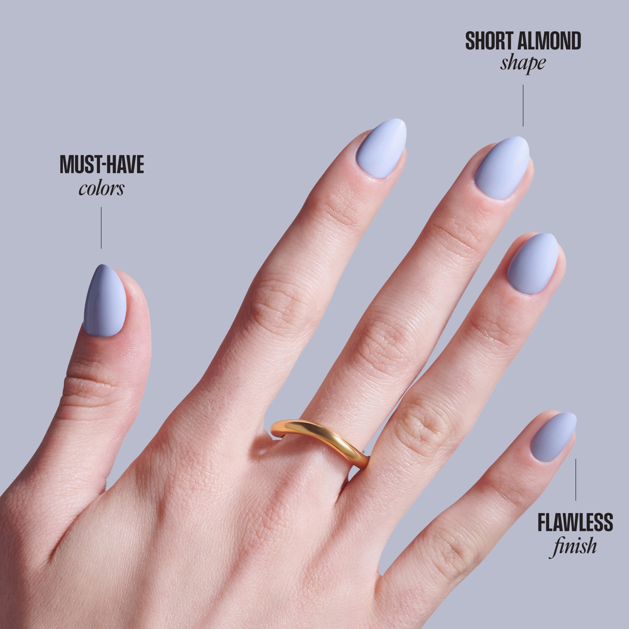 Short almond nails in lavender with gold ring, showing must-have colors and flawless finish.