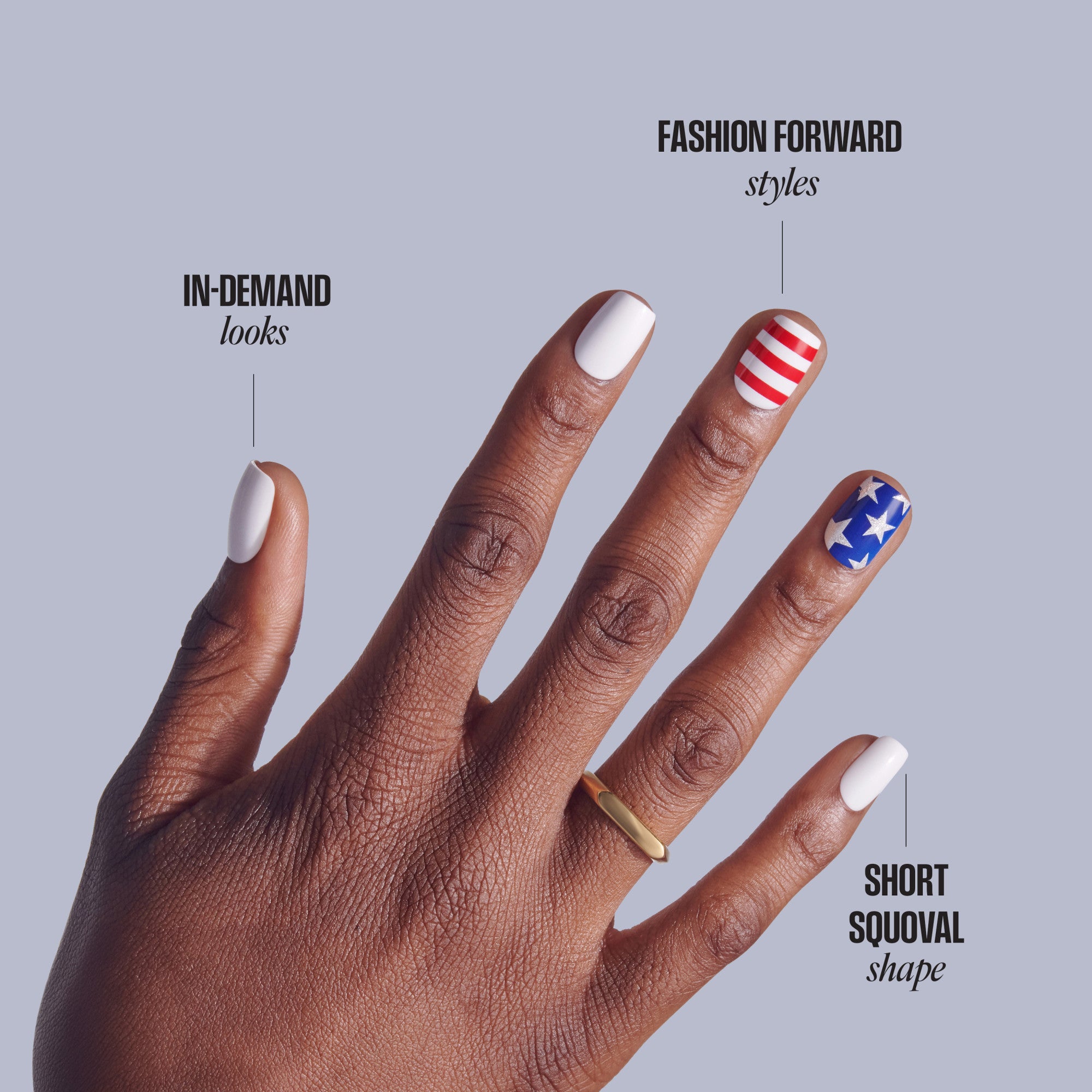 Hand displaying nail art styles: in-demand nude oval, fashion forward red stripes and blue stars, short squoval white.