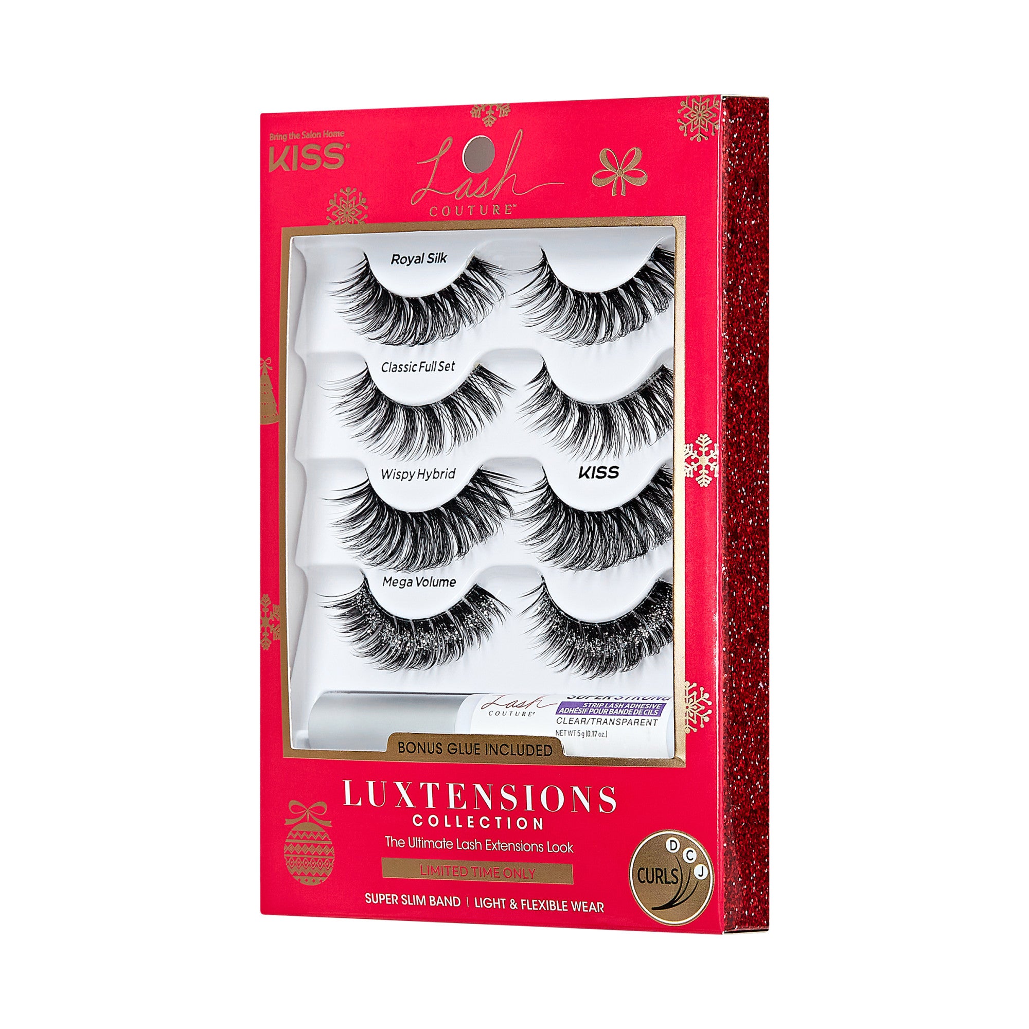 KISS Lash Couture Luxtensions Collection false eyelashes set with four styles and bonus glue.