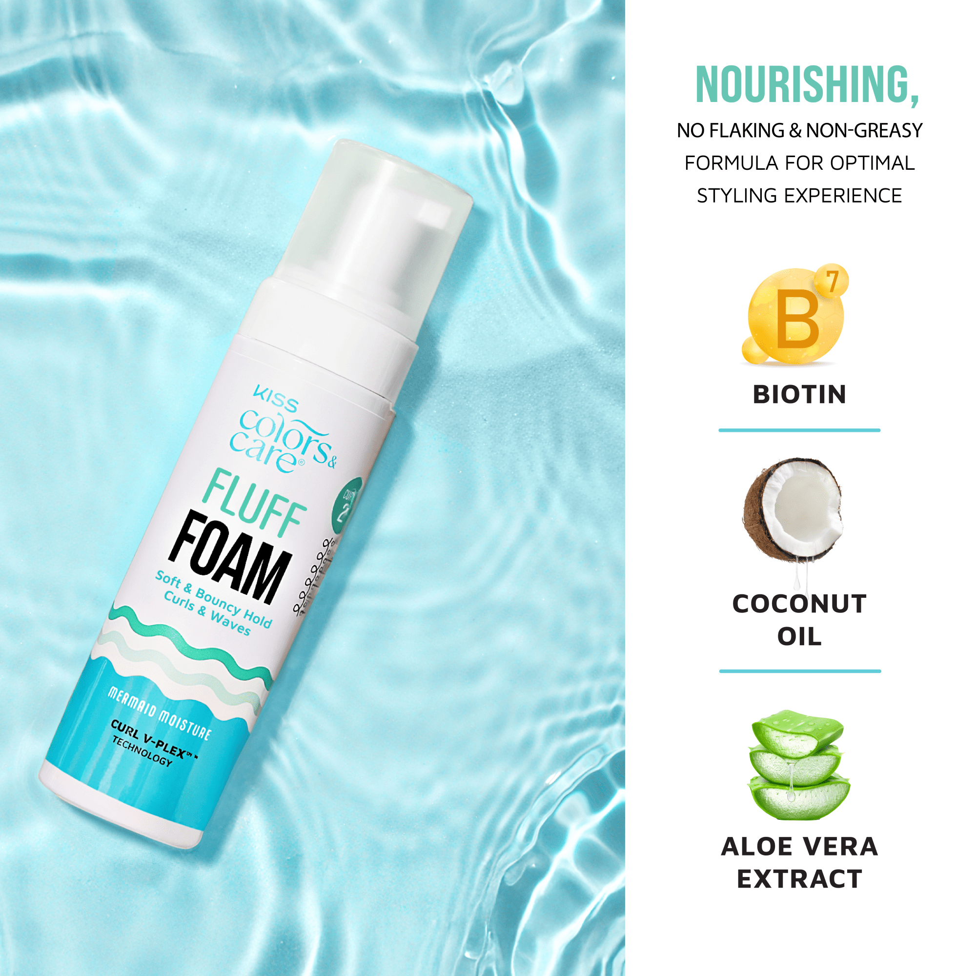 Kiss Colors & Care Fluff Foam with Biotin, Coconut Oil, and Aloe Vera Extract on blue water background.
