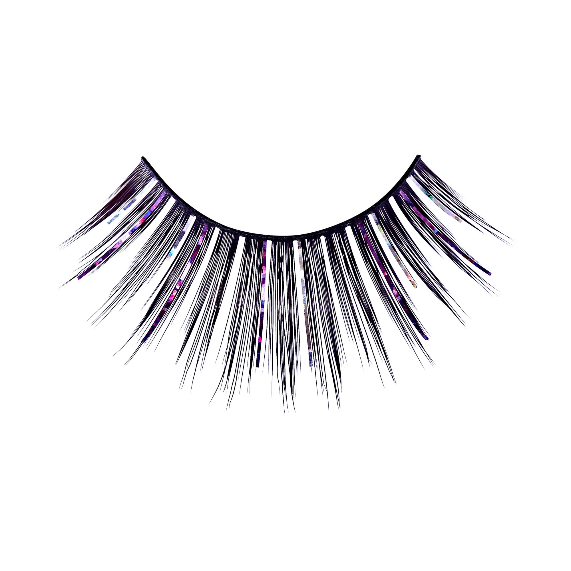 The image shows a single false eyelash. The eyelash is designed with a black base and features long, wispy strands. Some of the strands have a shiny, iridescent quality, reflecting colors such as purple and silver. The overall appearance is dramatic and eye-catching, suitable for enhancing the look of natural eyelashes for special occasions or theatrical makeup.