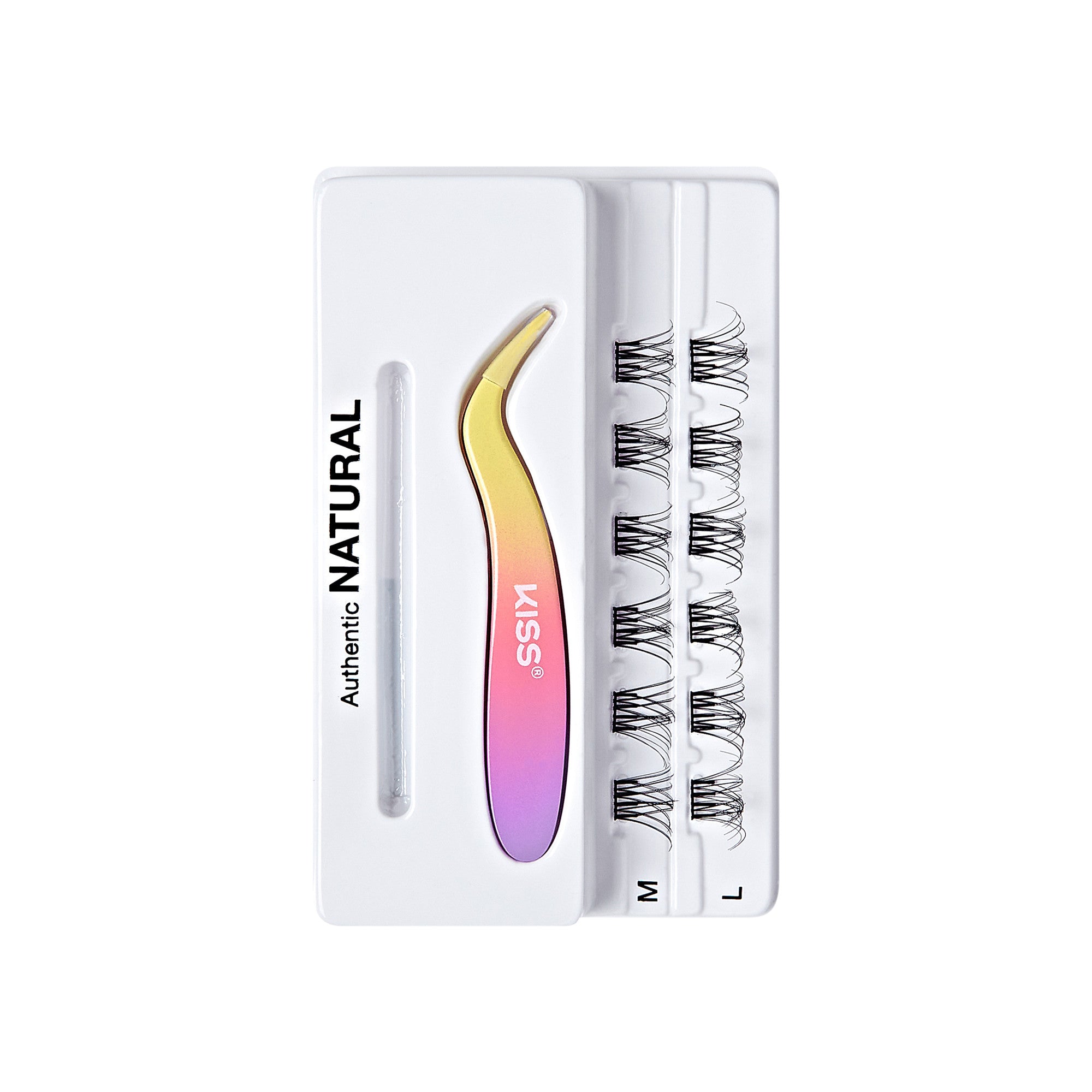 The image shows a product packaging for false eyelashes. The packaging is predominantly white and features a set of false eyelashes arranged in three rows, labeled "S," "M," and "L," indicating different sizes. To the left of the eyelashes, there is a tool with a gradient color ranging from yellow to pink, used for applying the eyelashes. The tool is labeled with the brand name "KISS." The word "NATURAL" is printed vertically on the left side of the packaging, along with the word "Authentic" above it.