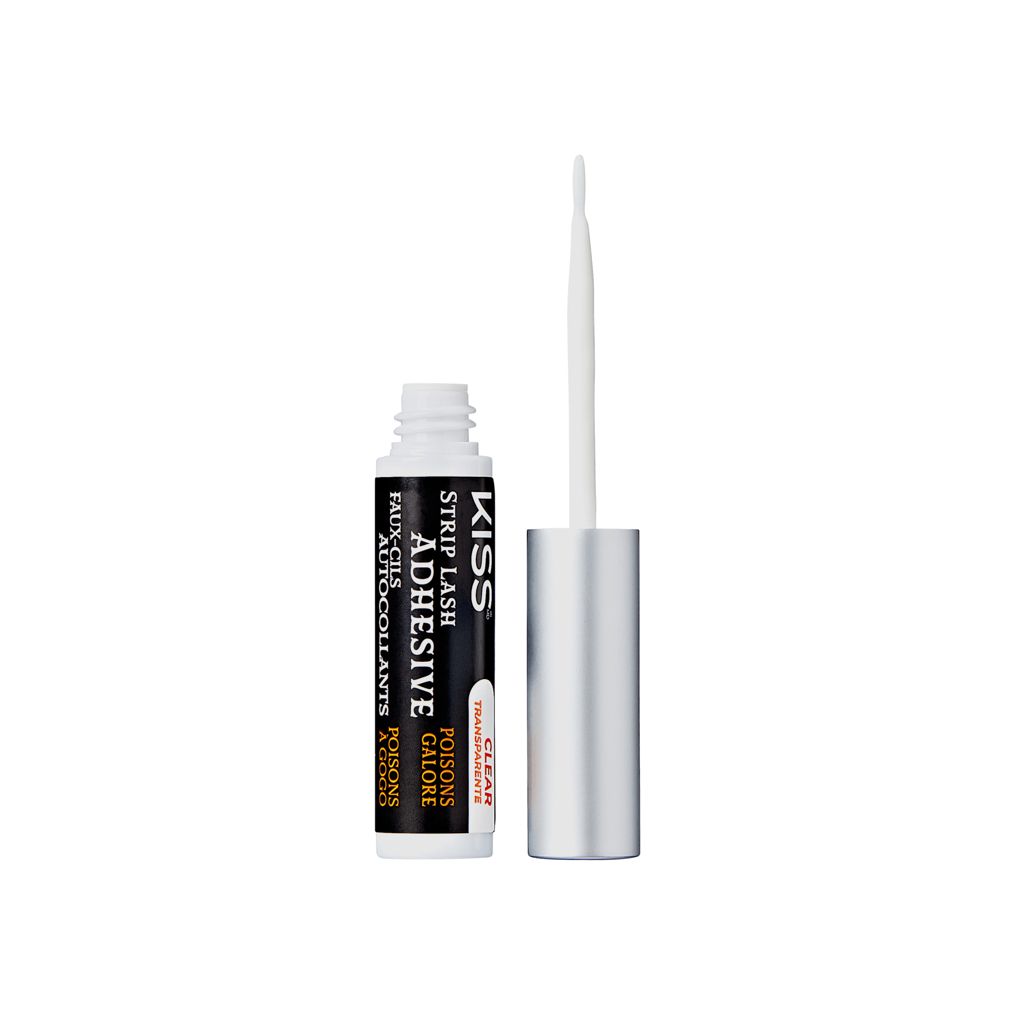 The image shows a tube of KISS Strip Lash Adhesive. The tube is white with a silver cap, which is removed and placed next to the tube, revealing a brush applicator. The label on the tube is black with white and orange text. The text on the label reads "KISS STRIP LASH ADHESIVE" and mentions that it is "Formaldehyde Free" and "Latex Free." The adhesive is designed for applying false eyelashes.
