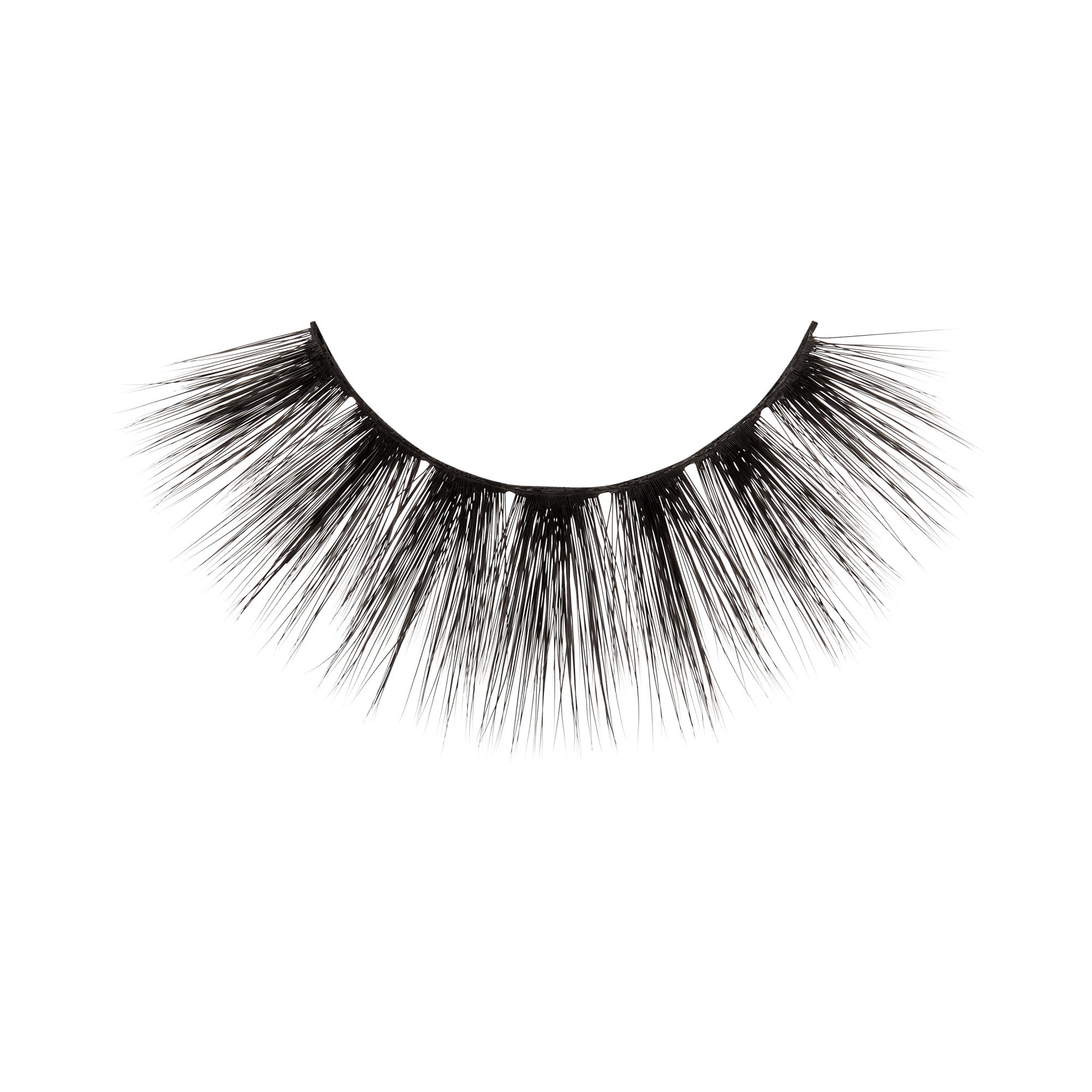 Full black false eyelashes with dramatic volume and length on white background.