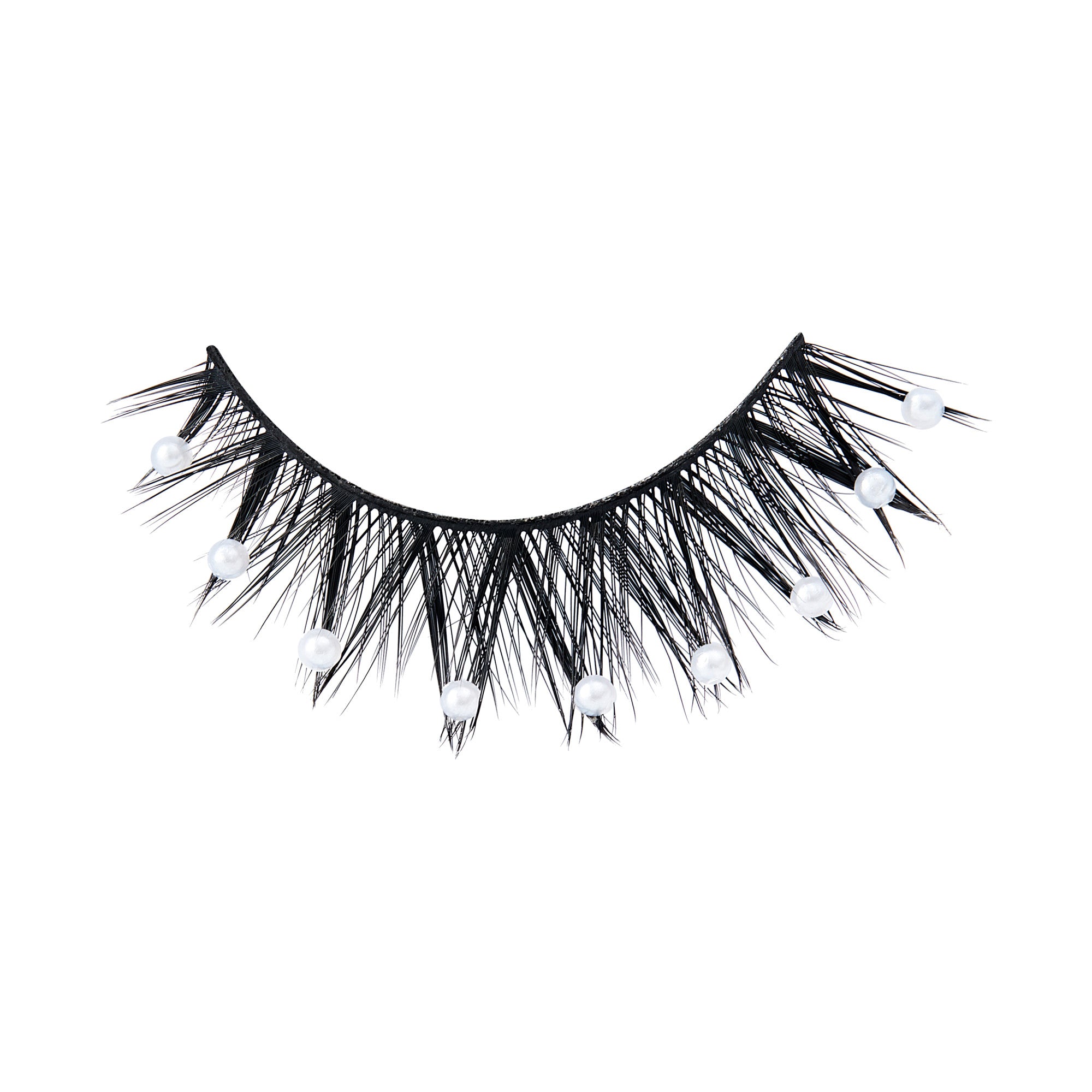 Black decorative false eyelash with a spiked design, adorned with evenly spaced small white pearl-like gems along the lash band.