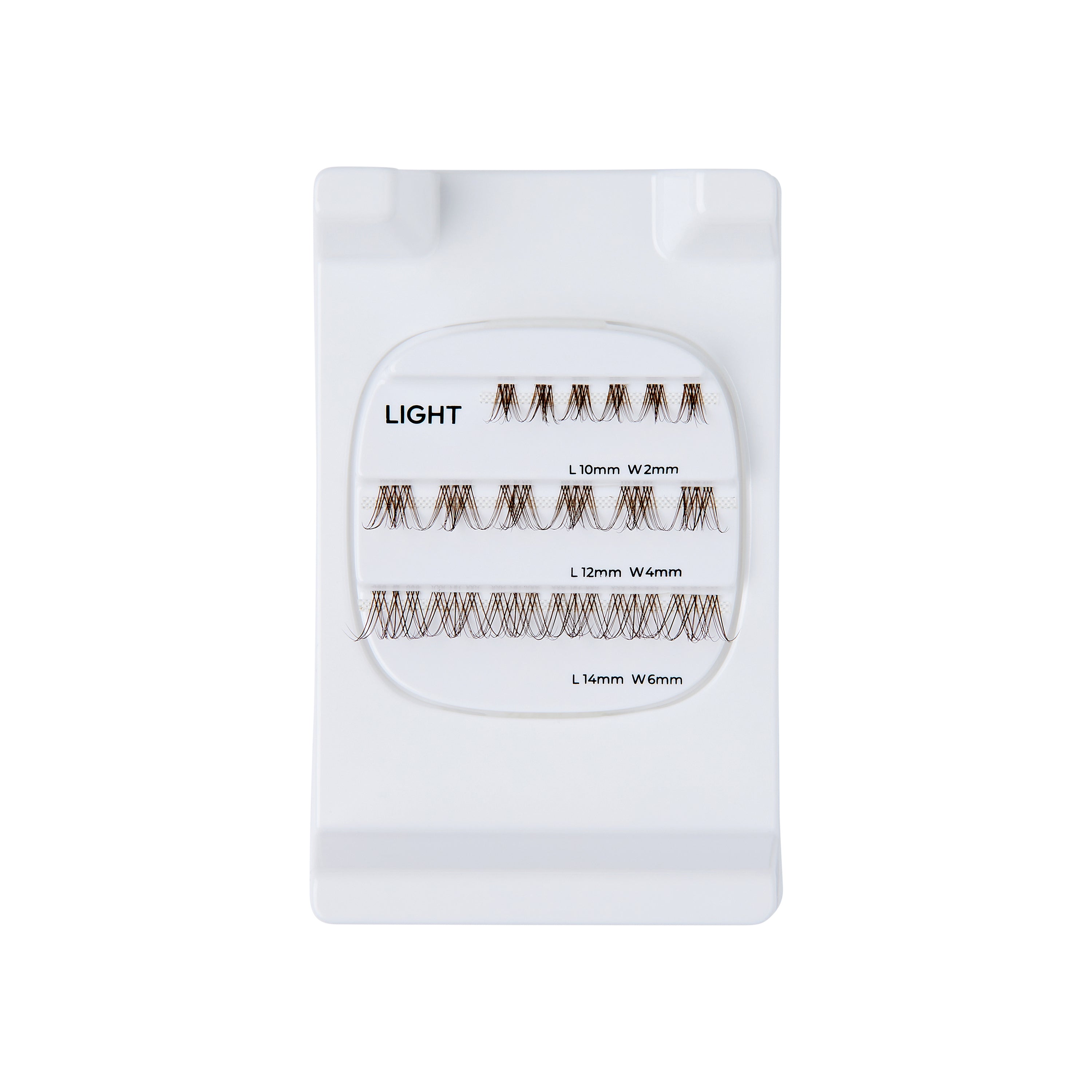 The image features a white lash extension tray labeled "LIGHT." The tray contains several rows of individual lash extensions in varying lengths and widths. The lengths displayed are 10mm, 12mm, and 14mm, with corresponding widths of 6mm and 8mm. The lashes are arranged neatly, showcasing their curl and texture, making them suitable for eyelash extension applications.