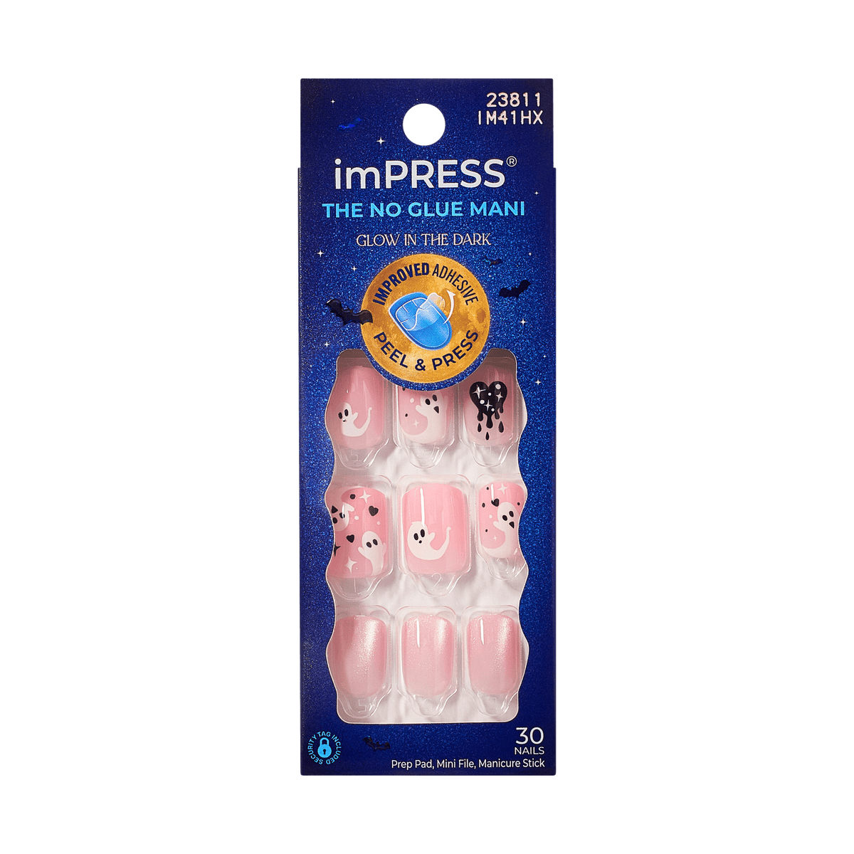 Impress Design Halloween No Glue Fake Press On Nails - Blood Moon | Design, Pink, Short, Squoval, Glow In The Dark, Manicure