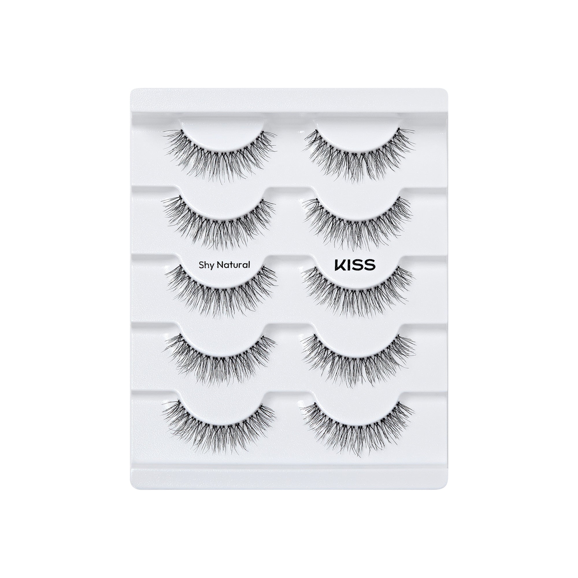 The image features a display of false eyelashes arranged on a white tray. There are six pairs of lashes in total, showcasing a variety of styles. The lashes are labeled "Shy Natural," indicating a subtle and natural look. The design appears to be from the brand KISS, known for its beauty products. The lashes vary in length and volume, providing options for enhancing the eyes while maintaining a natural appearance.