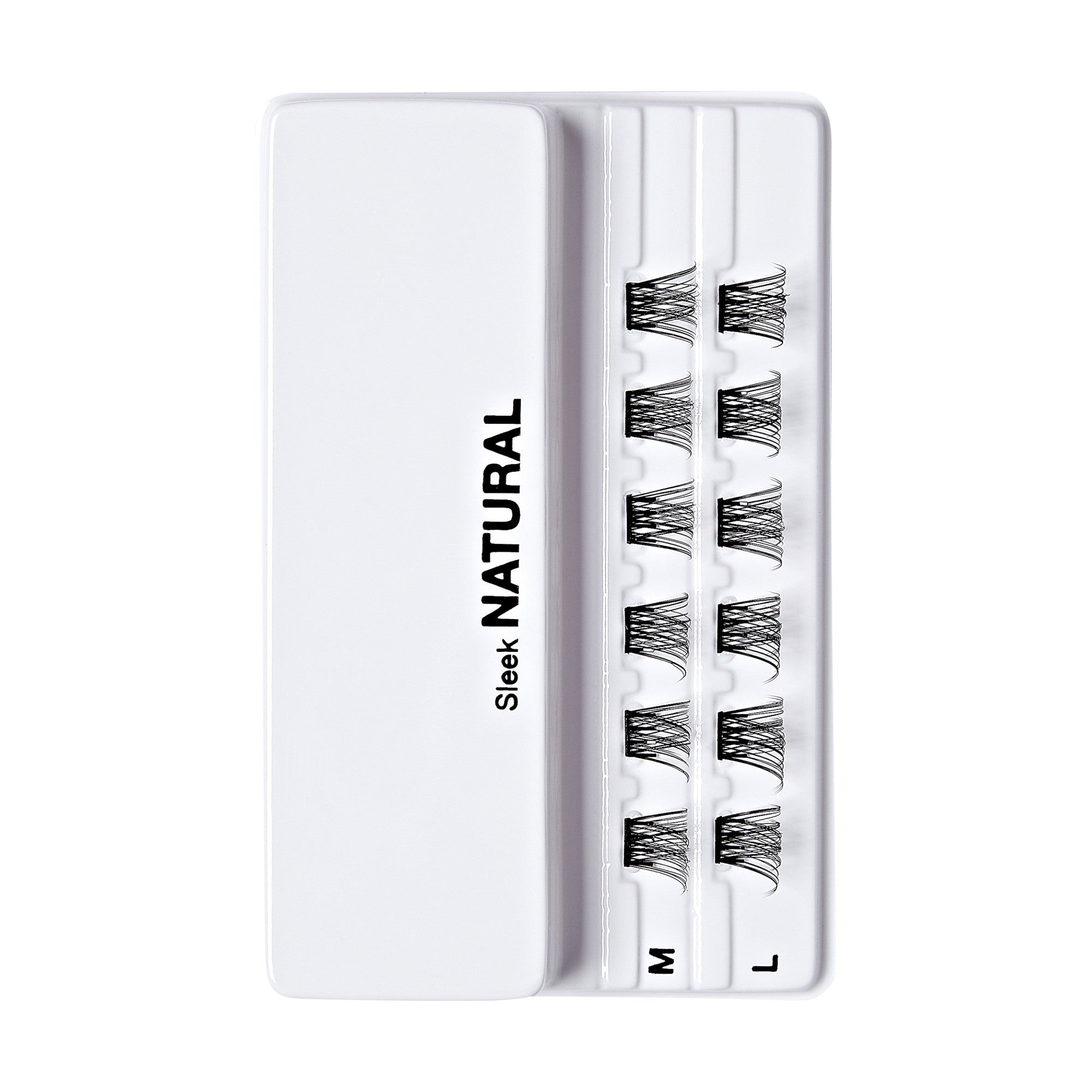 The image shows a white plastic case labeled "Sleek NATURAL" on the left side. Inside the case, there are three rows of false eyelashes, each row labeled with a different size: "S," "M," and "L." The eyelashes are neatly arranged in the case, with each row containing multiple pairs of lashes. The design of the case is simple and clean, emphasizing the natural look of the eyelashes.