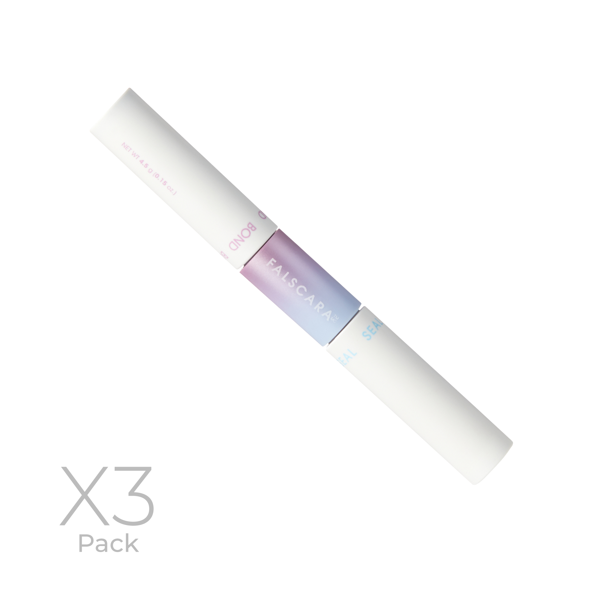 FALSCARA Bond & Seal dual-ended pen with gradient purple-blue center, white caps on each end labeled \
