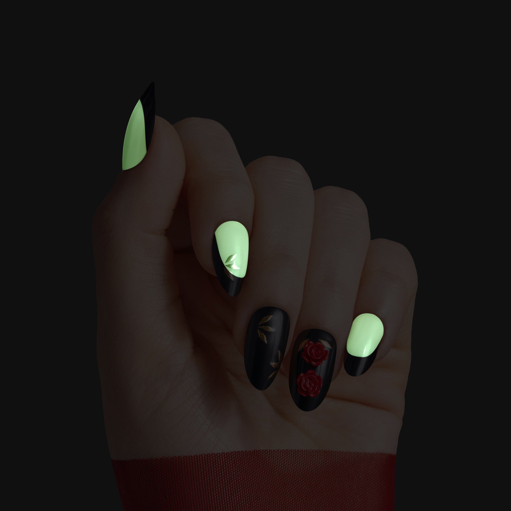 Kiss Haunt Halloween Press On Fake Glue Nails - Drop Dead Gorgeous | French Design, Black & Red, Medium, Almond, Glow In The Dark