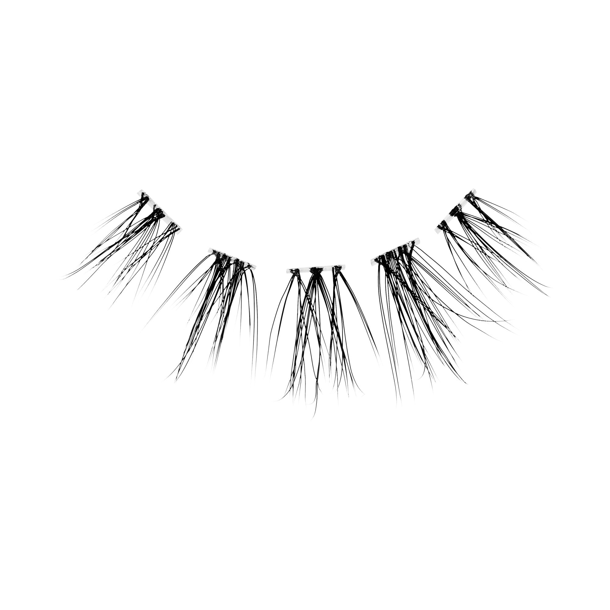 The image features a set of false eyelashes arranged in a curved shape. The lashes are long and wispy, with a black color that gives them a dramatic appearance. They are designed to enhance the eyes, creating a bold and glamorous look. The background is plain white, which emphasizes the lashes and their intricate details.