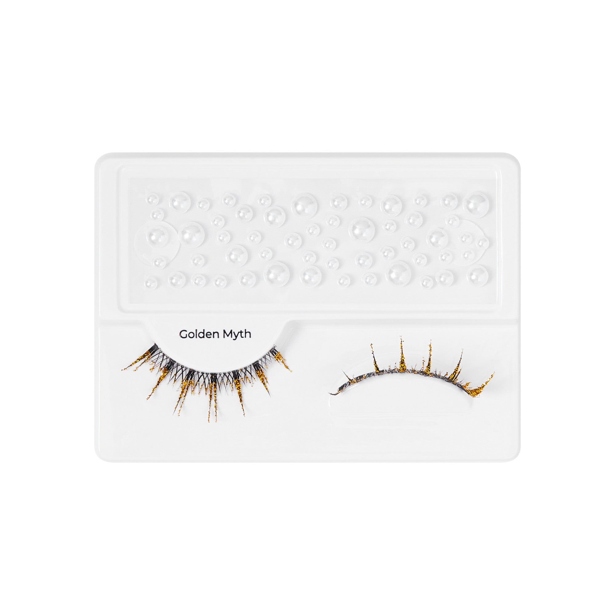 The image features a pair of false eyelashes displayed on a white tray. The lashes are labeled "Golden Myth." One set of lashes has a dramatic design with long, spiky strands that are predominantly black with golden accents, while the other set appears more subtle and natural in style. The tray also includes small, round adhesive dots for application. The overall presentation is clean and modern, emphasizing the unique design of the lashes.