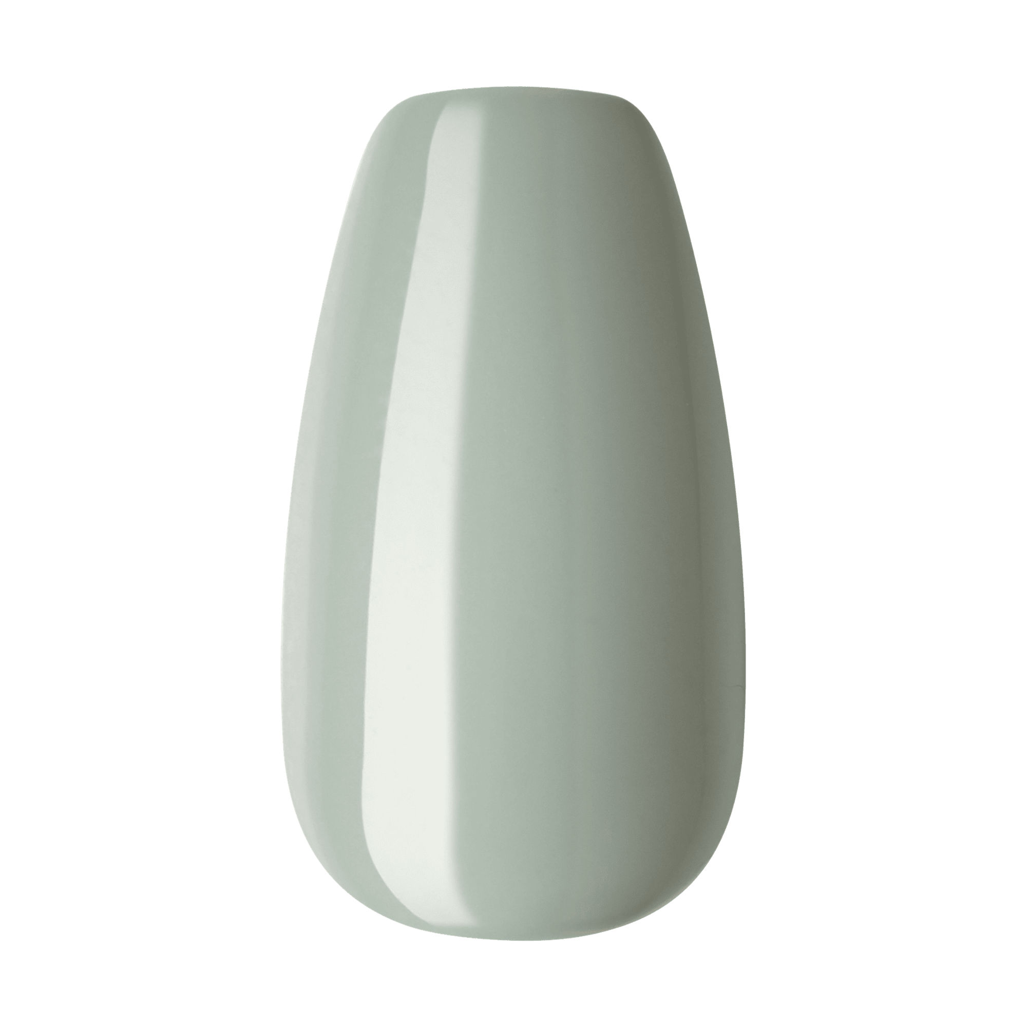 Single glossy press-on nail shown up close, in a muted sage green color with a rounded square shape.