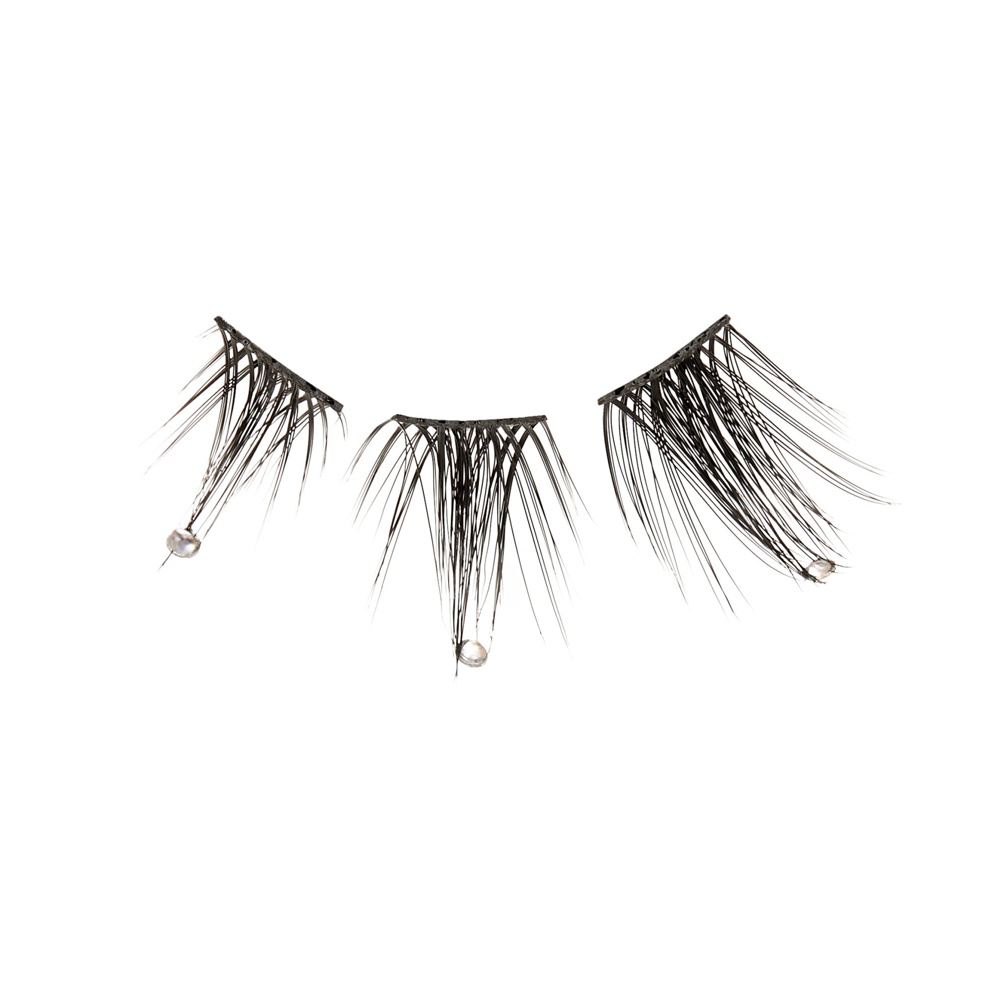 Three black false eyelash wisps with small clear jewel accents at the base, shown on a white background.