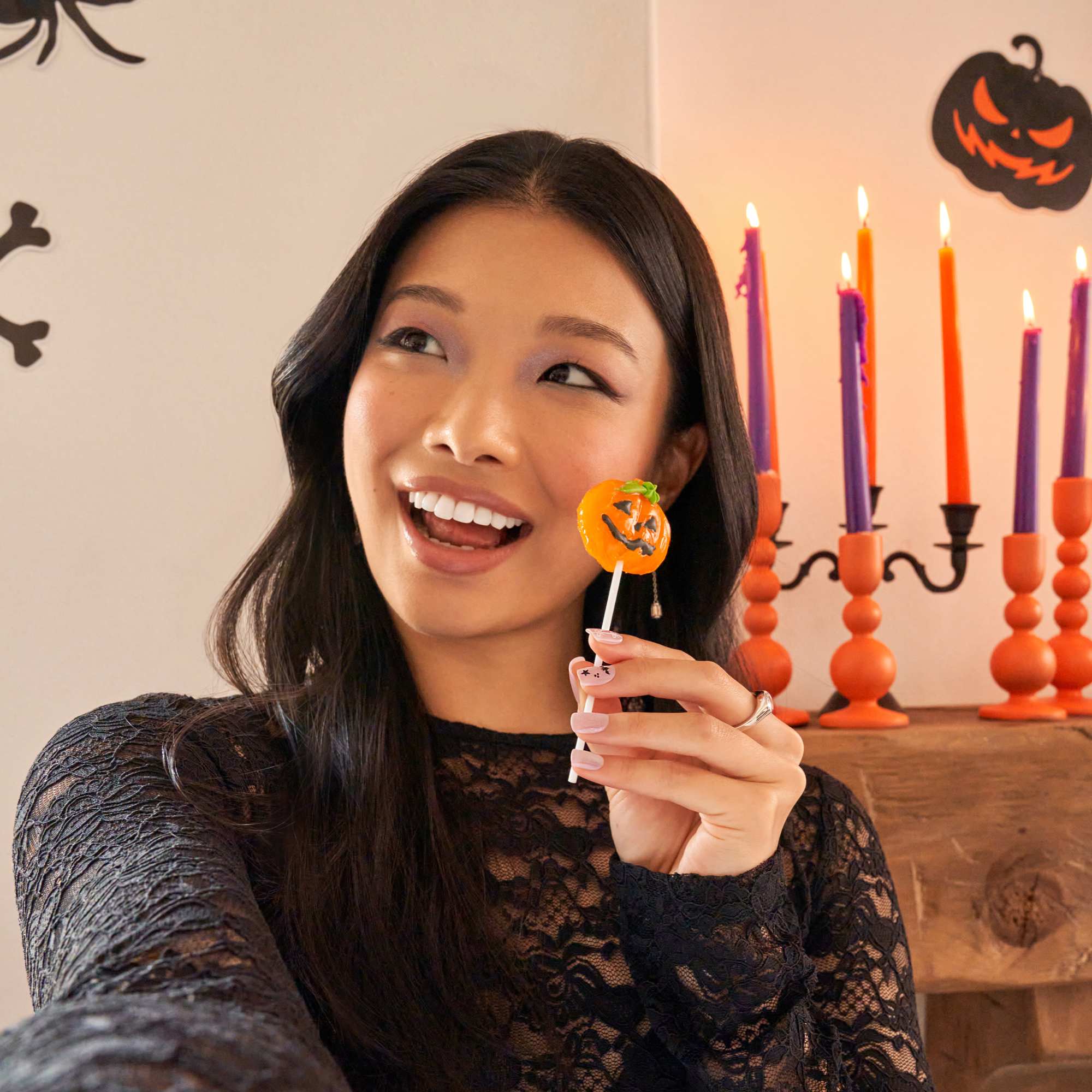 Impress Design Halloween No Glue Fake Press On Nails - Broom & Bloom | Design, Pink, Short, Squoval, Glow In The Dark, Manicure