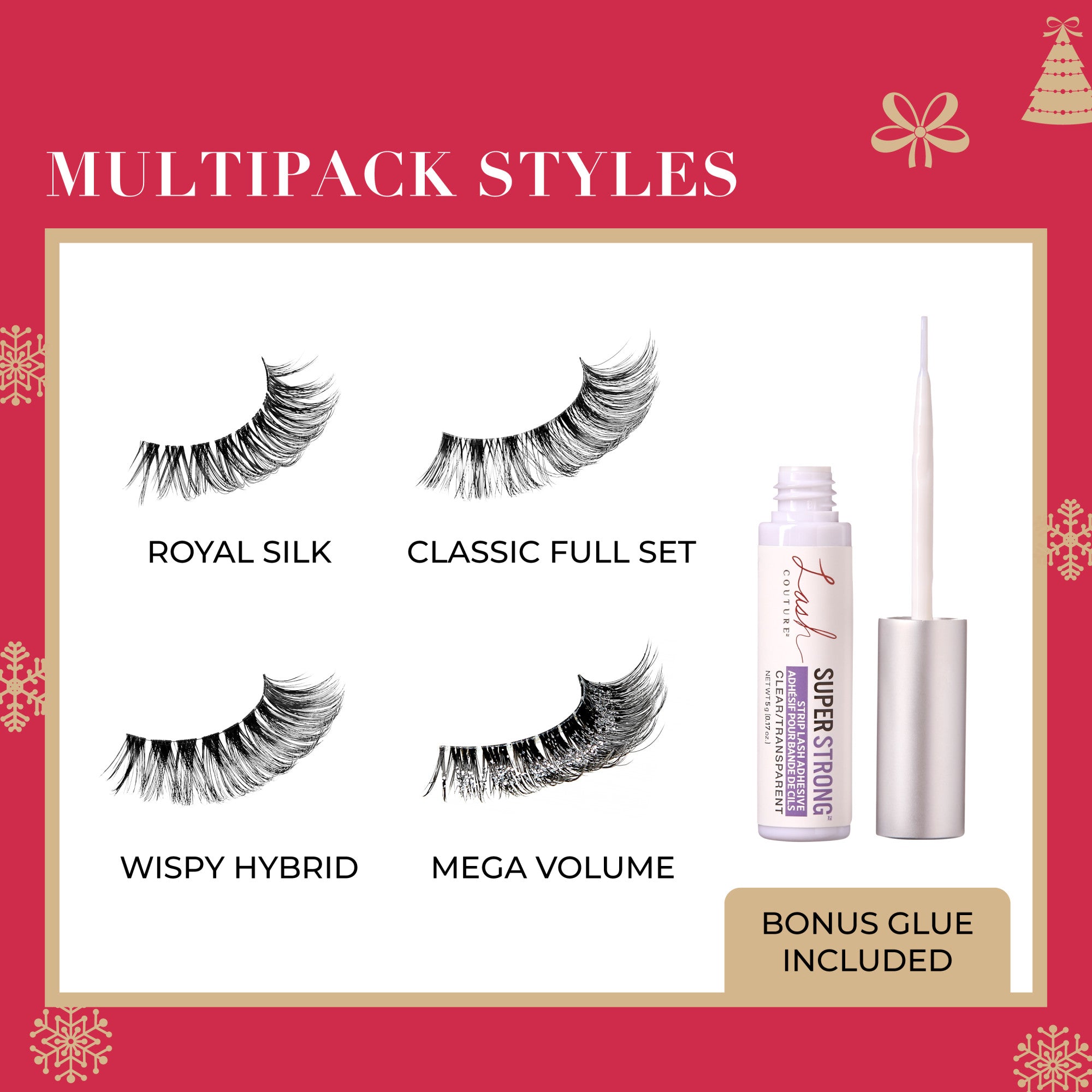 Four false eyelash styles with bonus glue: Royal Silk, Classic Full Set, Wispy Hybrid, Mega Volume.
