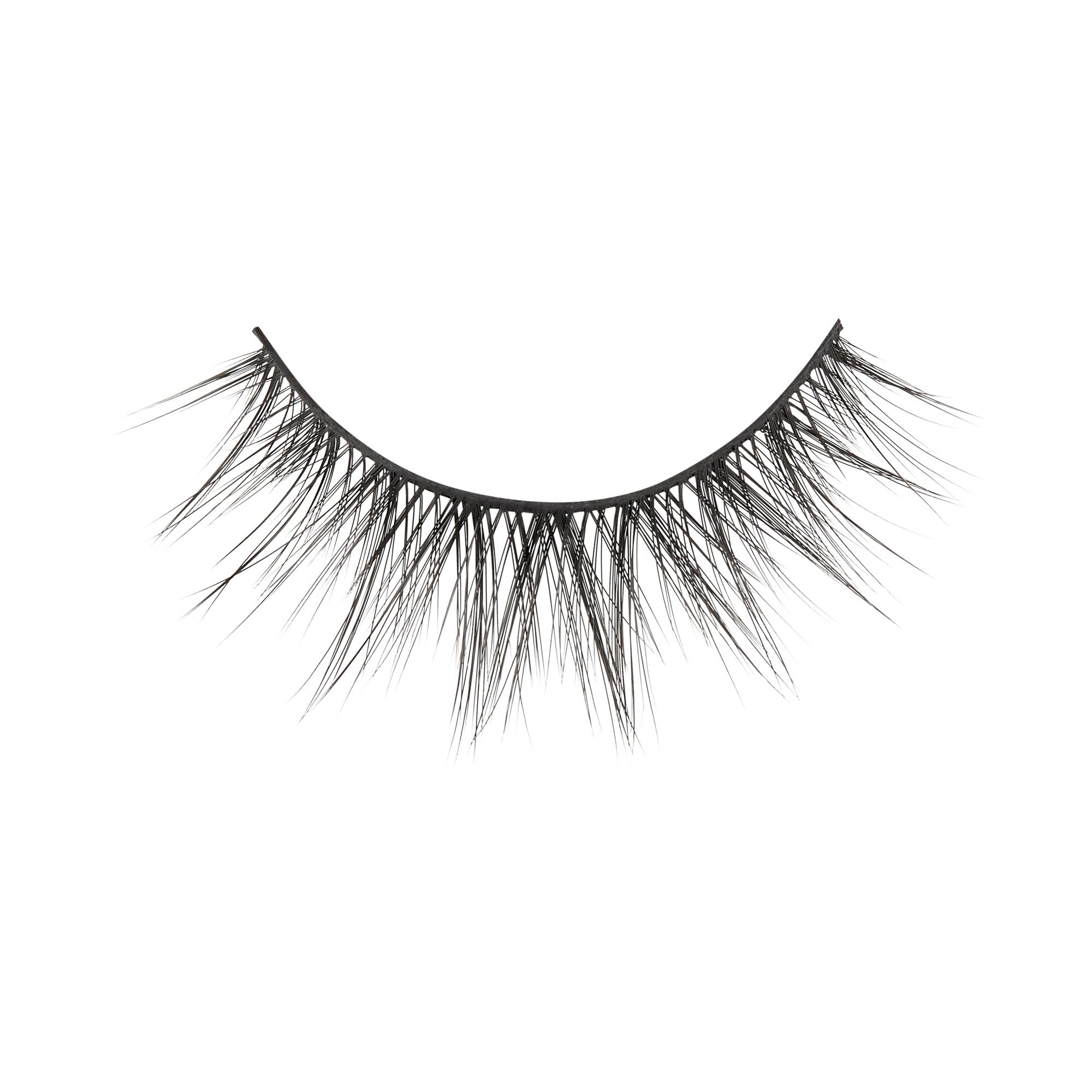 Single black false eyelash with a wispy, crisscrossed design on a clear strip, shown against a white background.