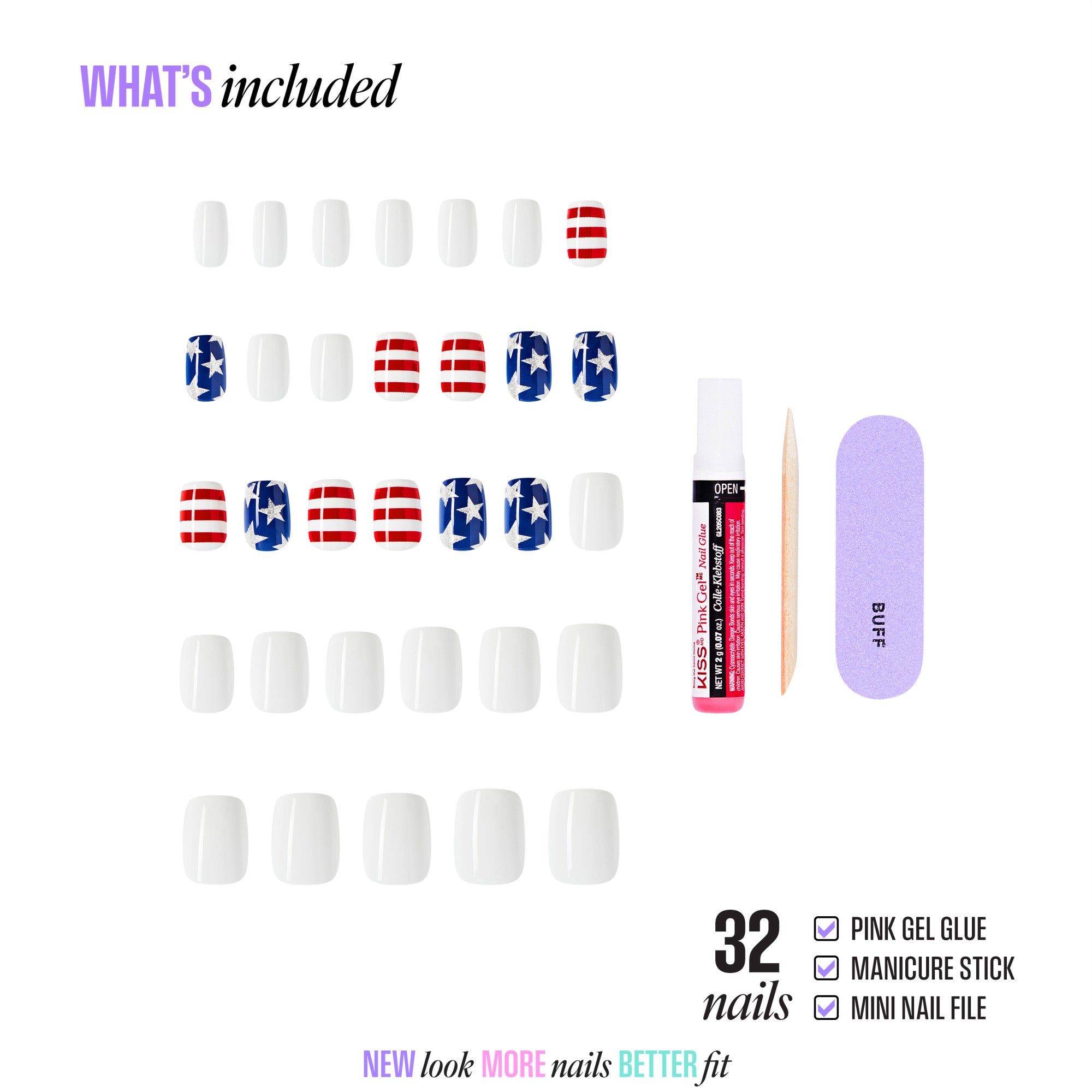 Nail art set with 32 press-on nails in patriotic and white designs, gel glue, manicure stick, and file.