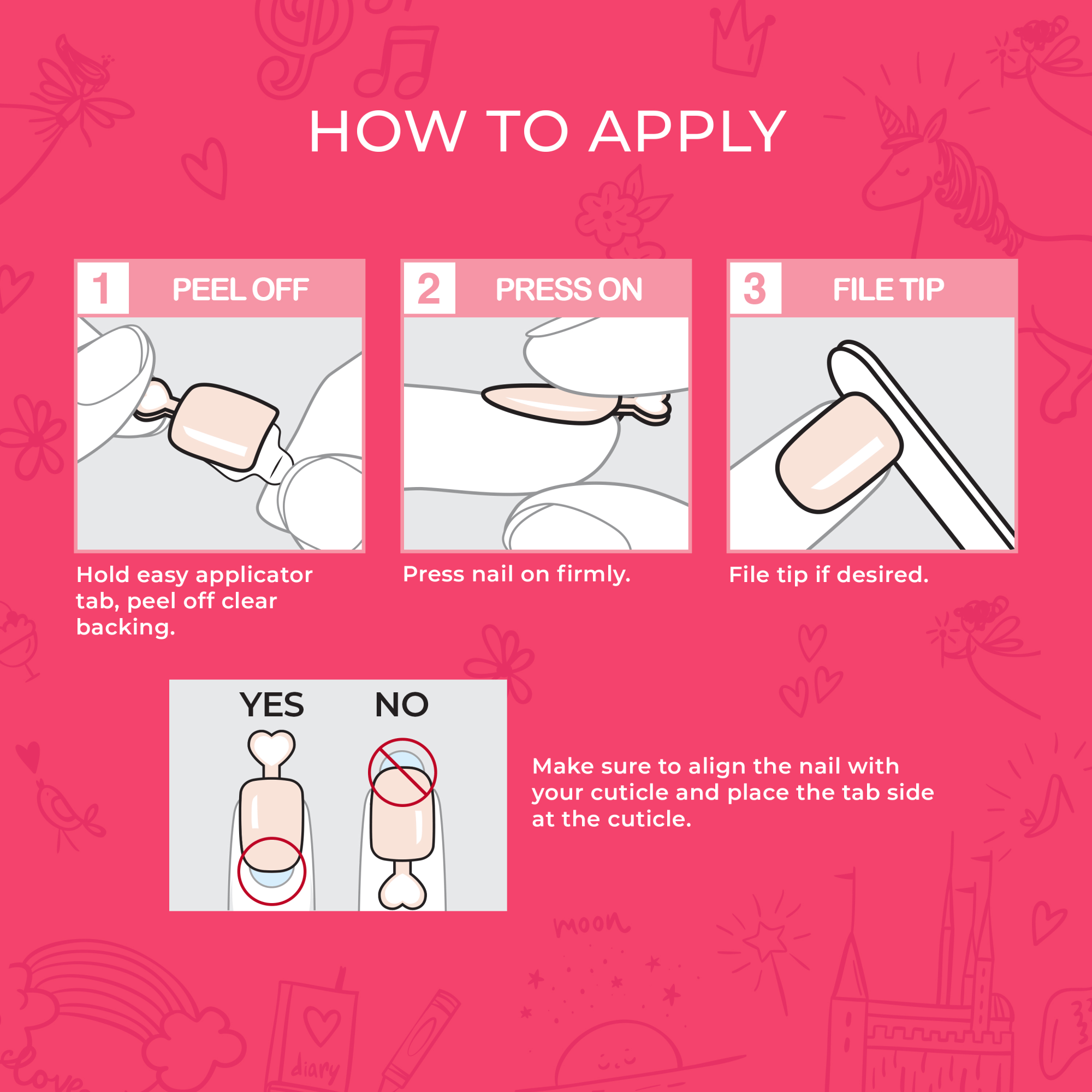 Step-by-step guide on how to apply a nail extension with illustrations and text on a pink background.
