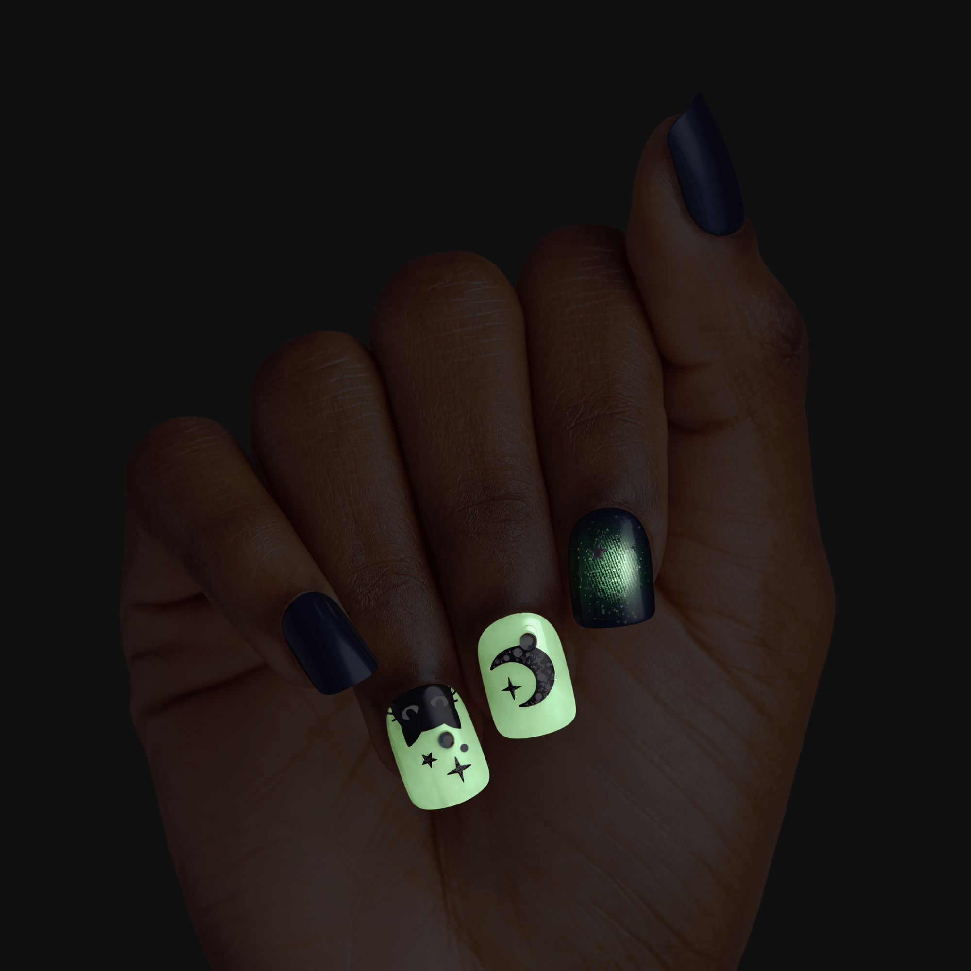 Impress Design Halloween No Glue Fake Press On Nails - Fright Club | Design, Blue & Pink, Short, Squoval, Glow In The Dark, Manicure