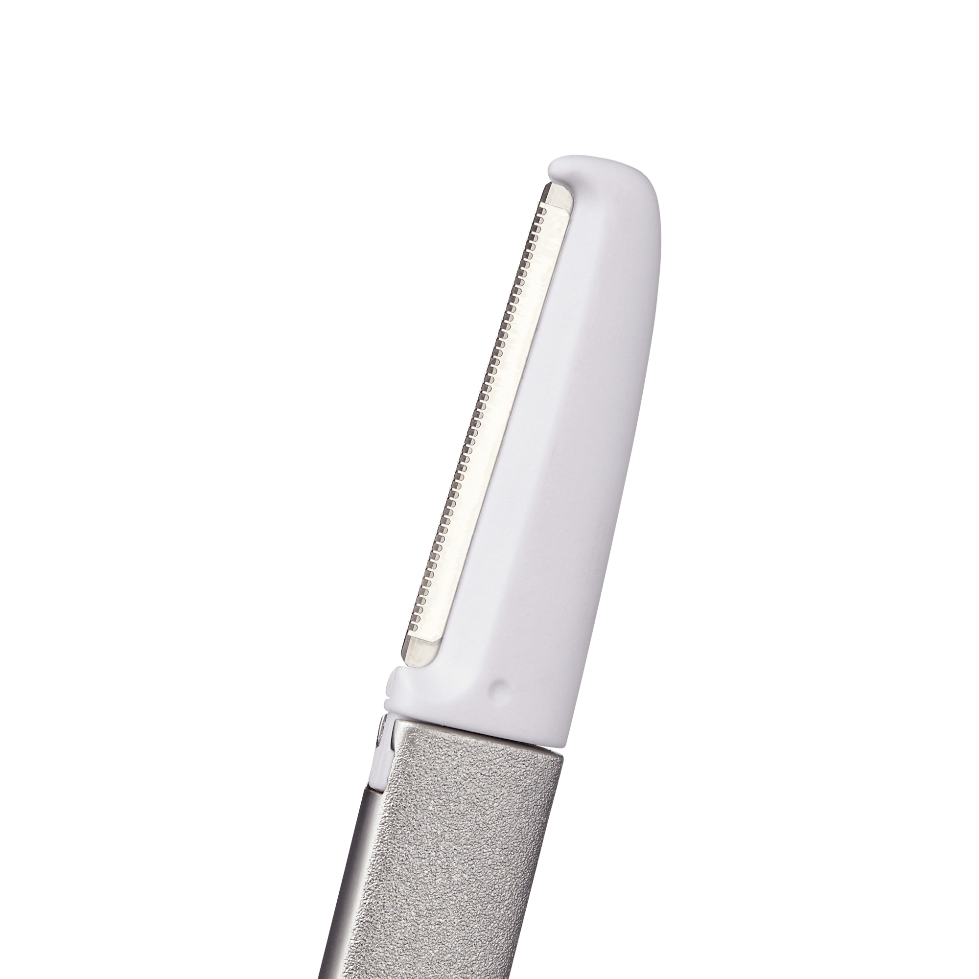 White and silver handheld microplane grater with rectangular blade opening