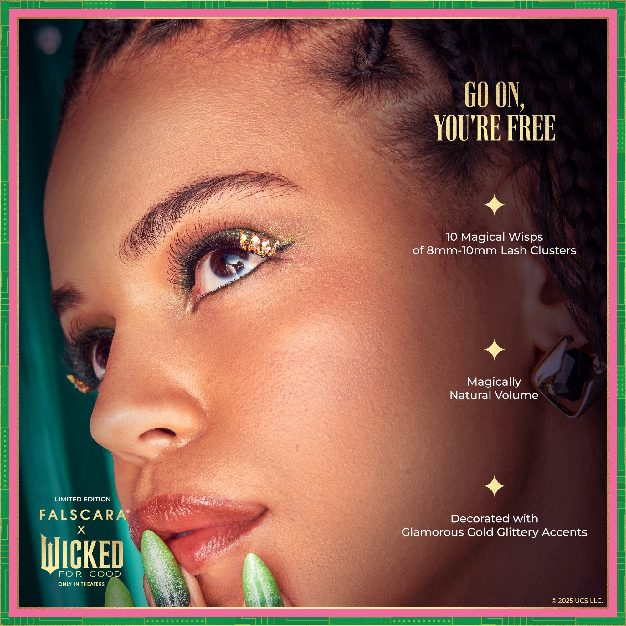 Close-up of a person with gold glittery eyelash clusters, green eyeshadow, and green nails. Text highlights 10 lash clusters, natural volume, and glamorous gold glitter accents. Headline reads \