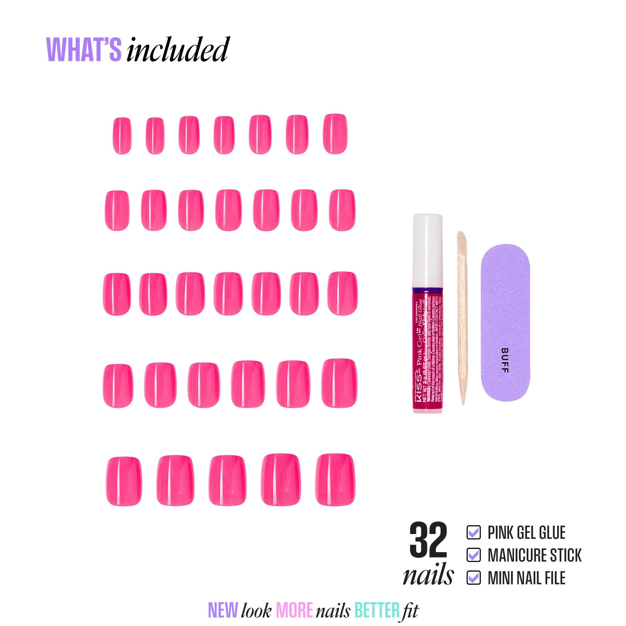32 pink press-on nails with gel glue, manicure stick, and mini nail file included.